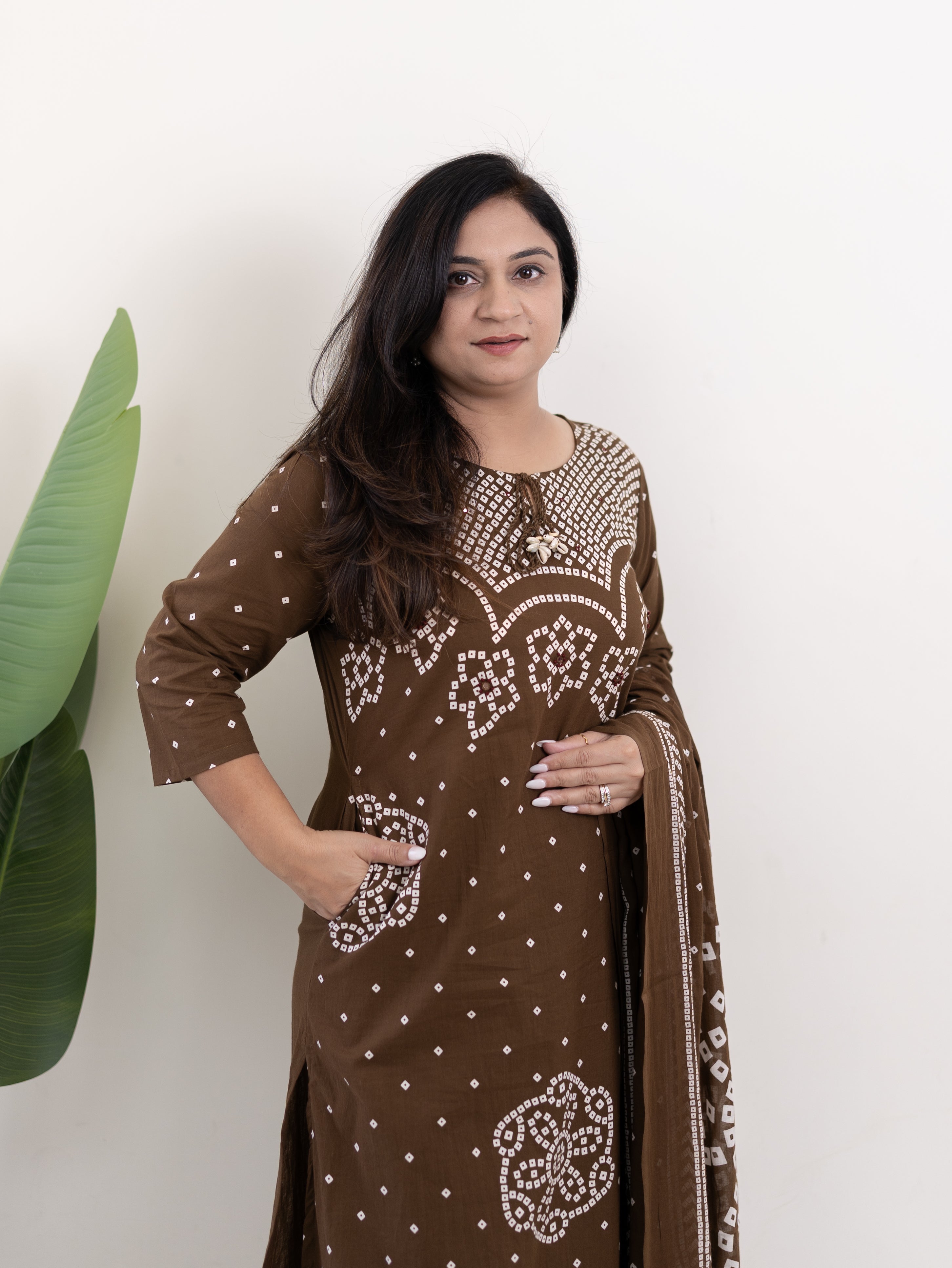 Mishi Brown Cotton Bandhani Straight Dupatta Set