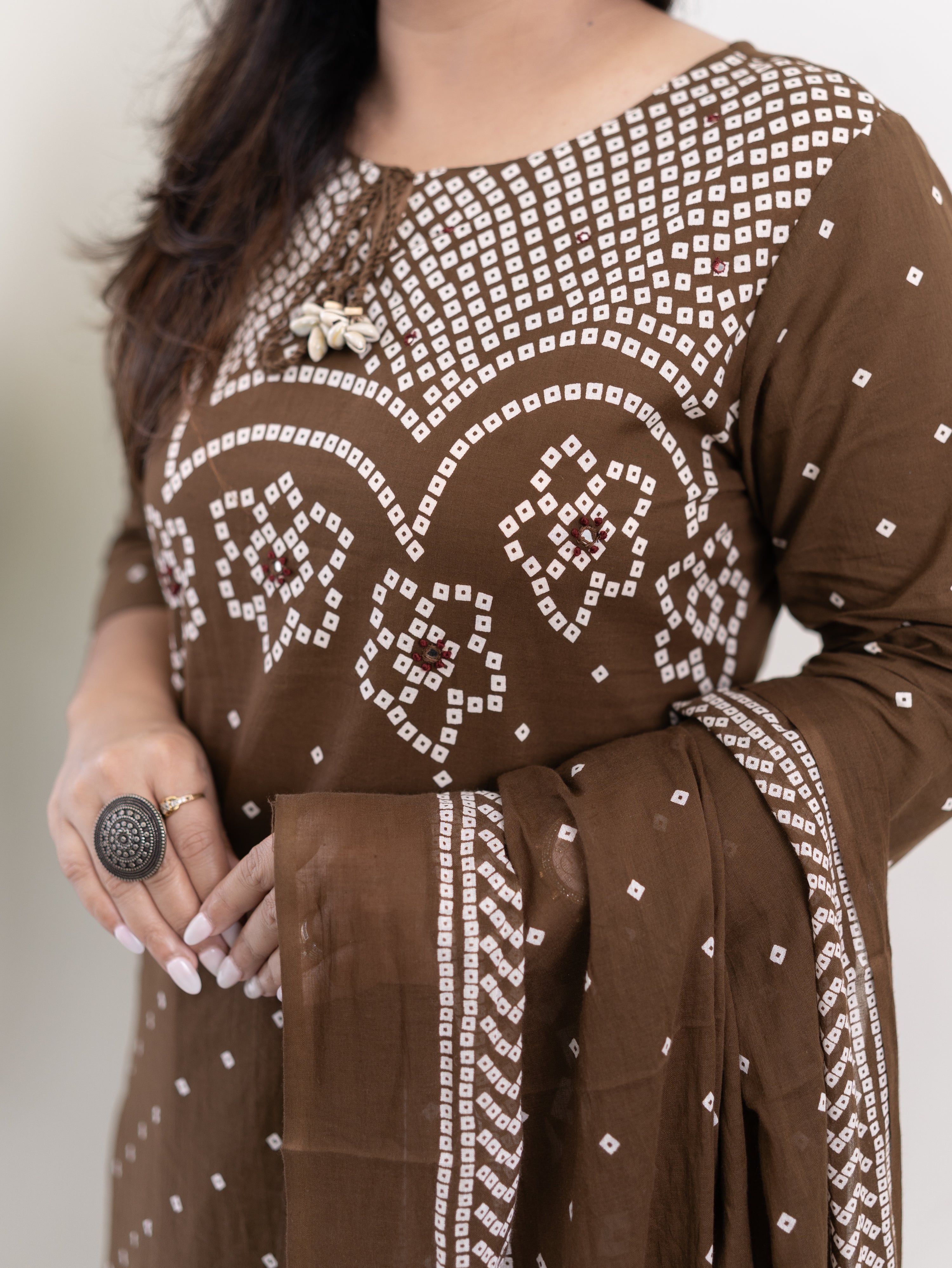 Mishi Brown Cotton Bandhani Straight Dupatta Set