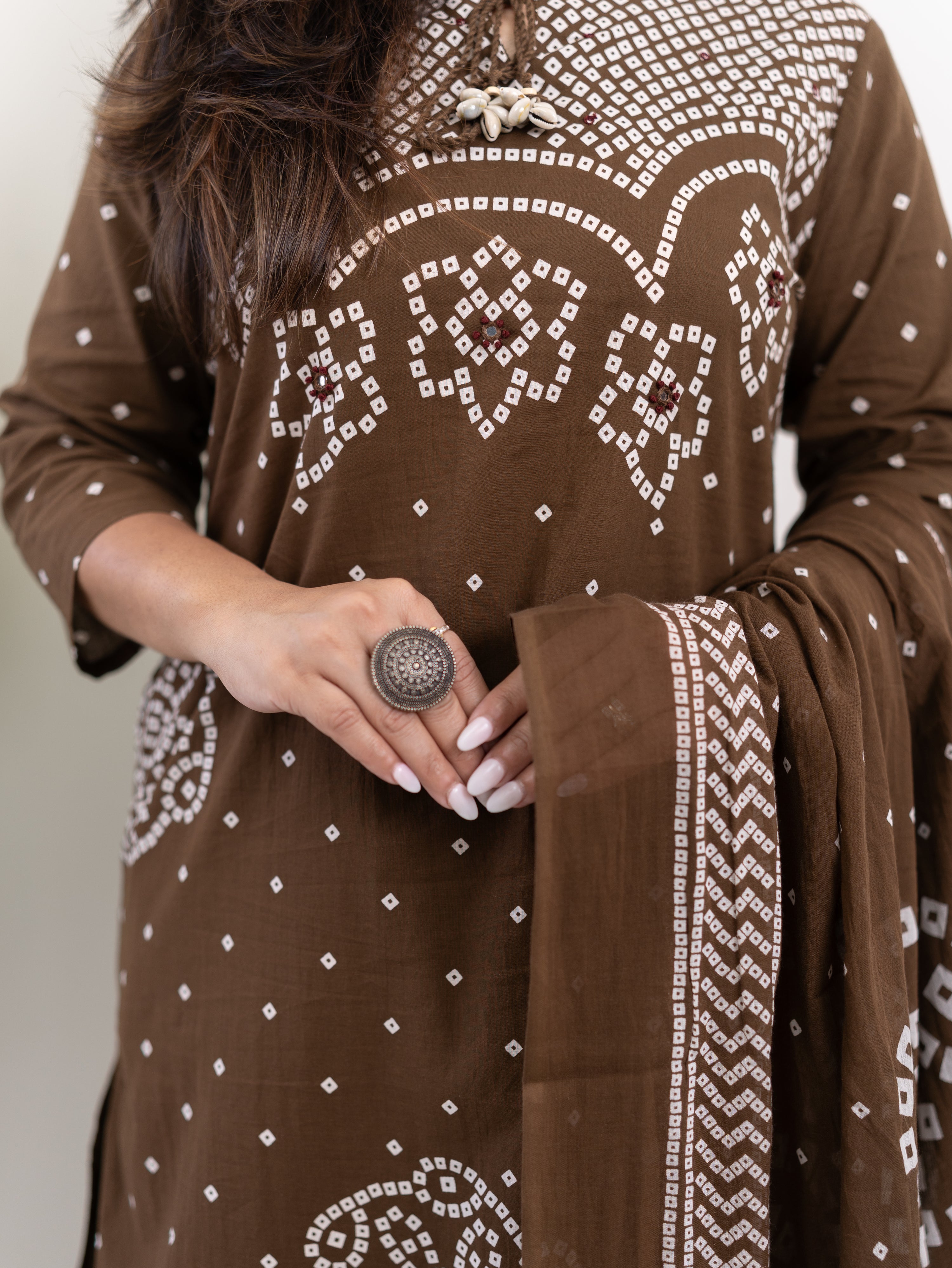 Mishi Brown Cotton Bandhani Straight Dupatta Set