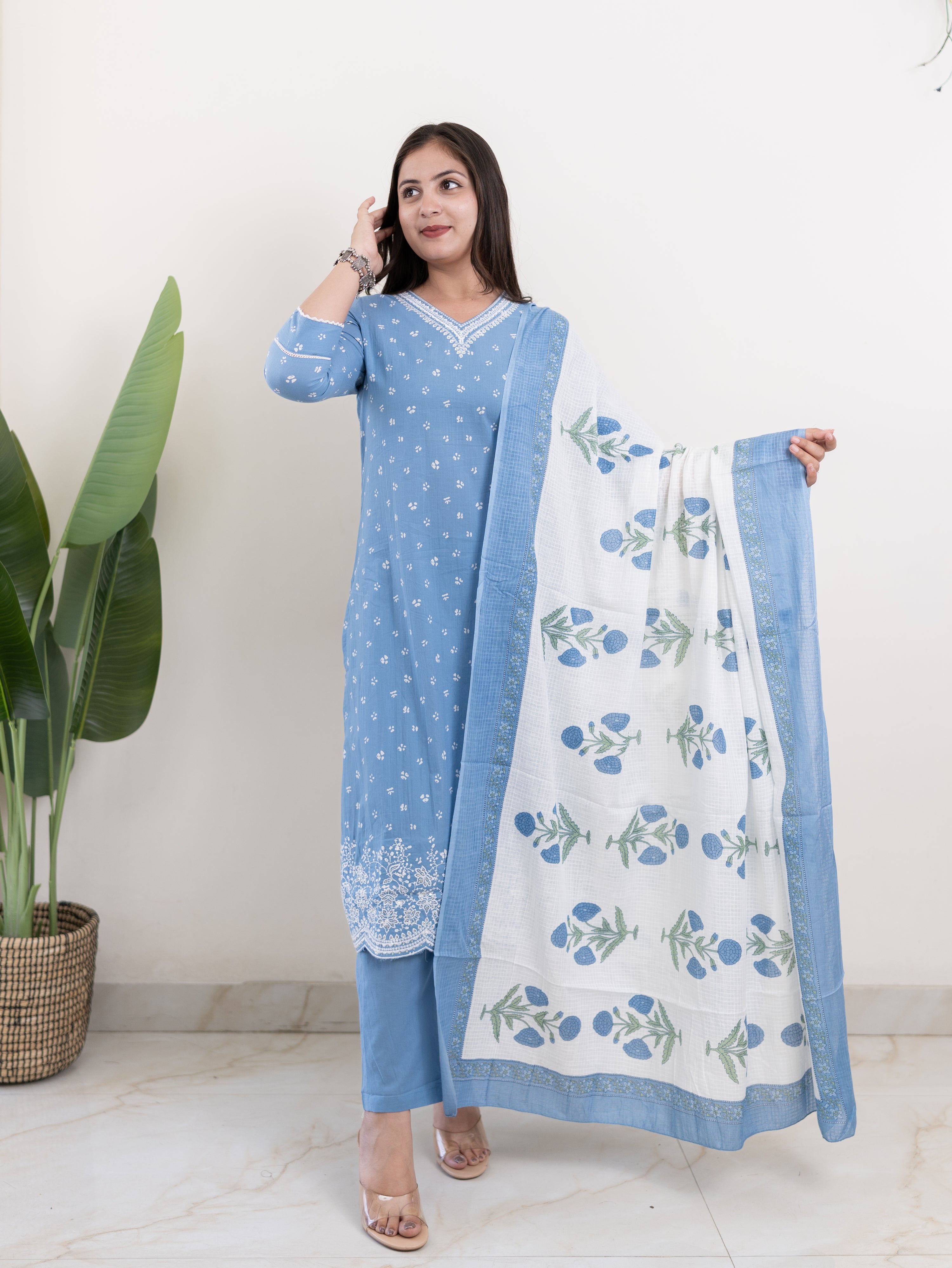 Rifaa Blue Cotton Embroidered Straight Dupatta Set