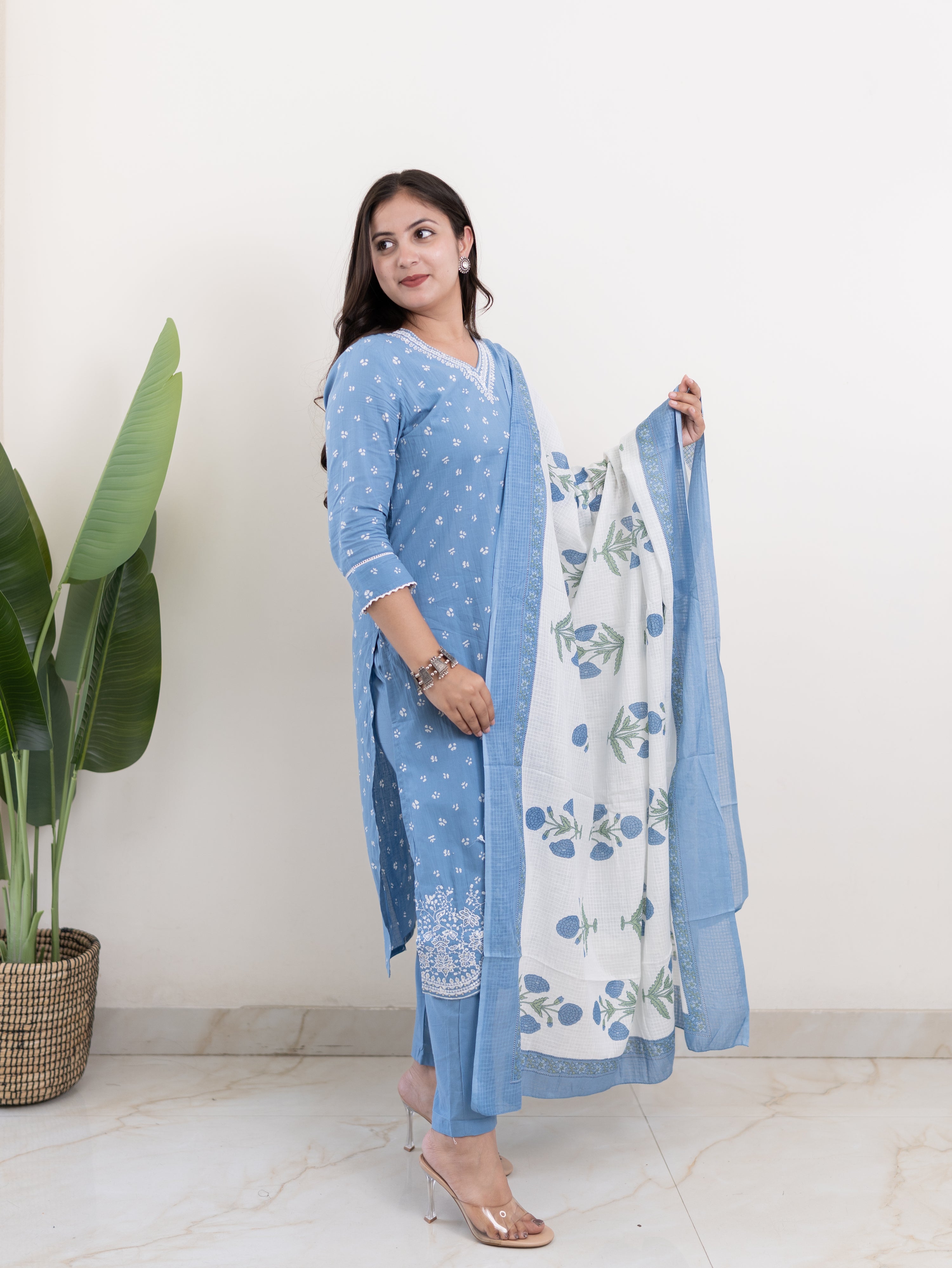 Rifaa Blue Cotton Embroidered Straight Dupatta Set
