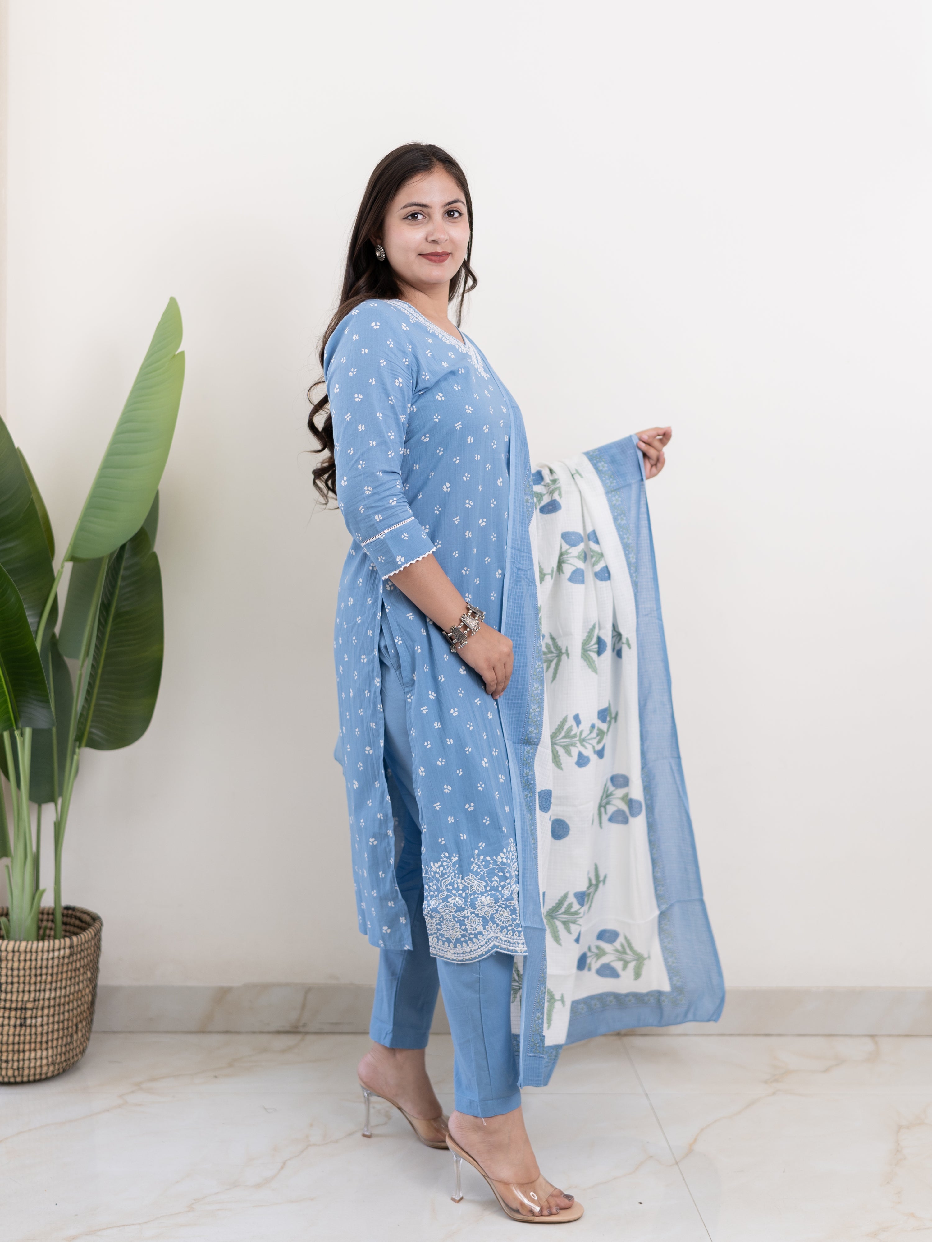 Rifaa Blue Cotton Embroidered Straight Dupatta Set