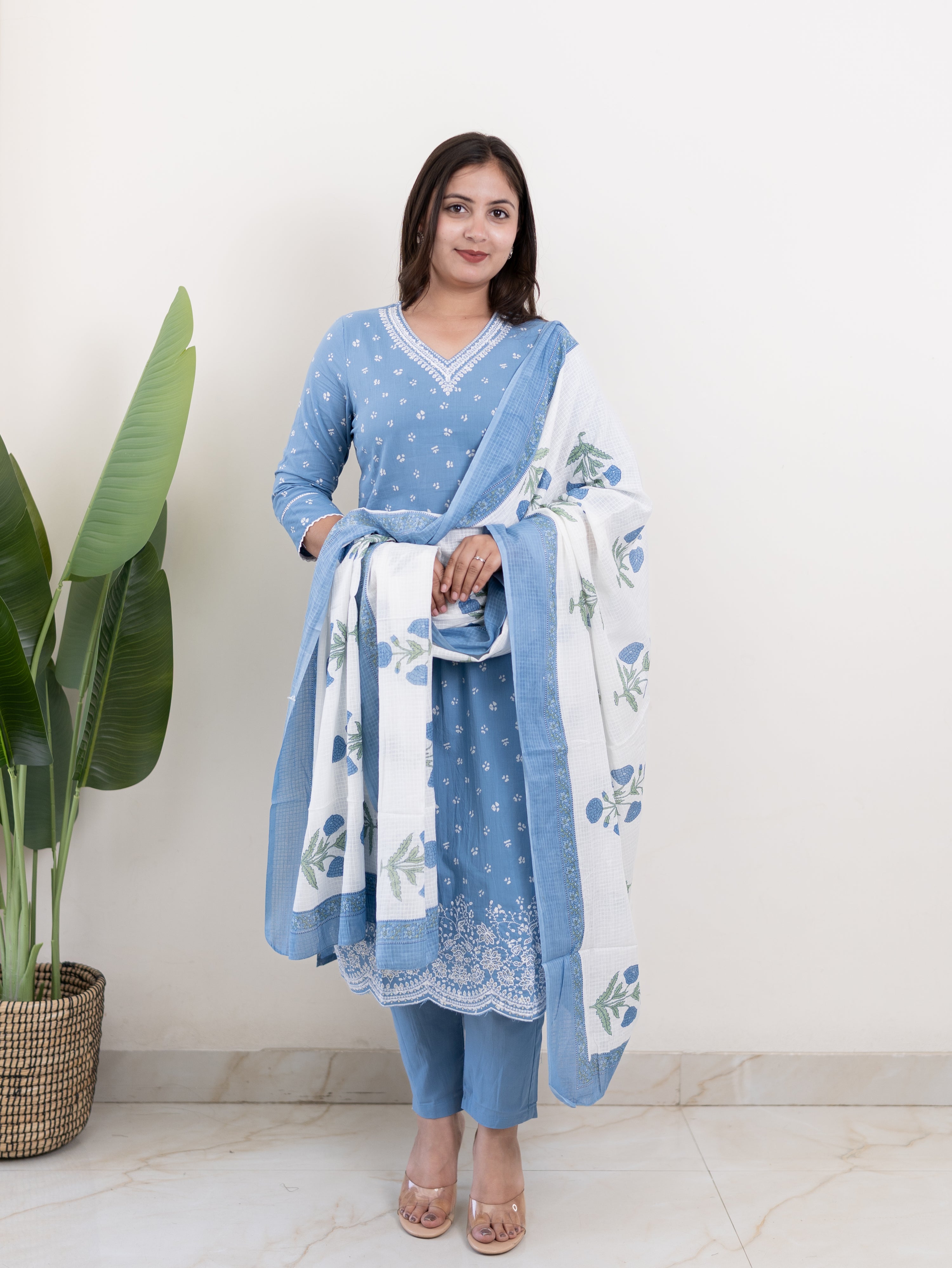 Rifaa Blue Cotton Embroidered Straight Dupatta Set