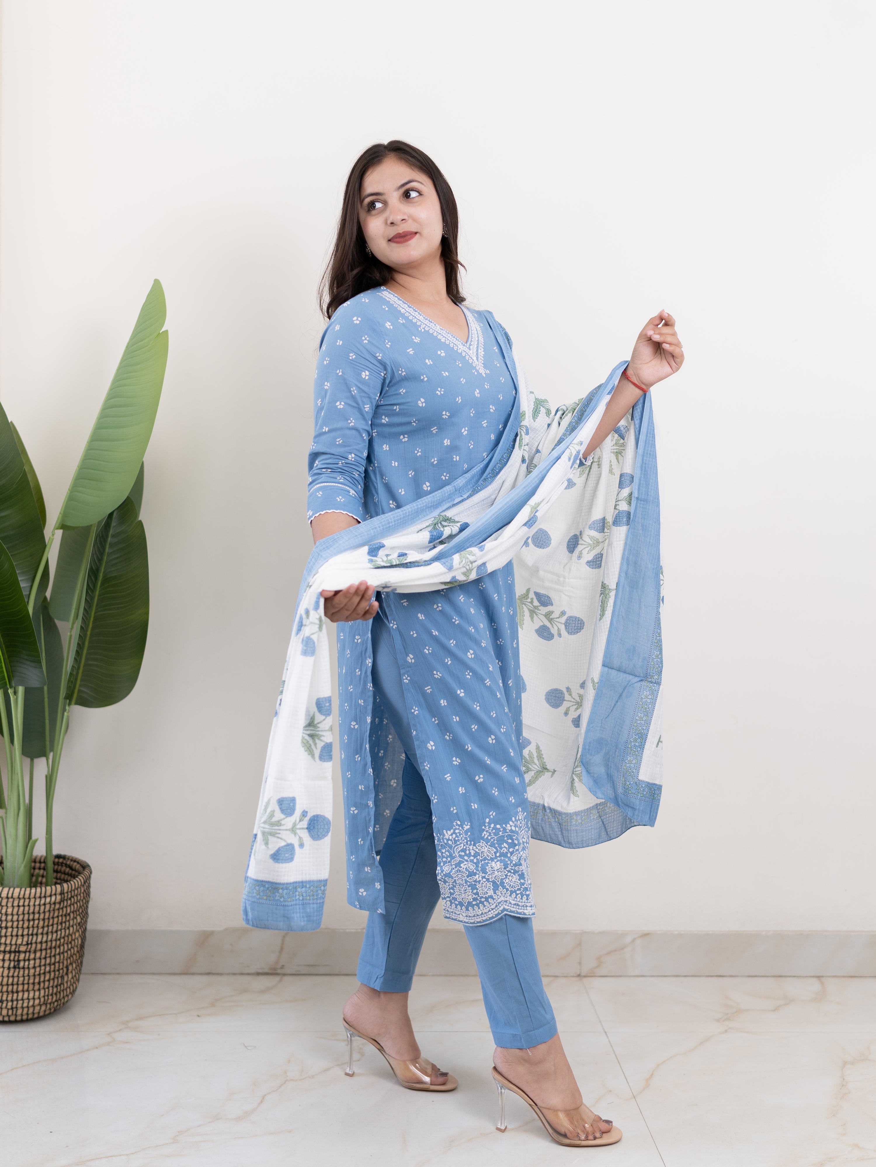 Rifaa Blue Cotton Embroidered Straight Dupatta Set