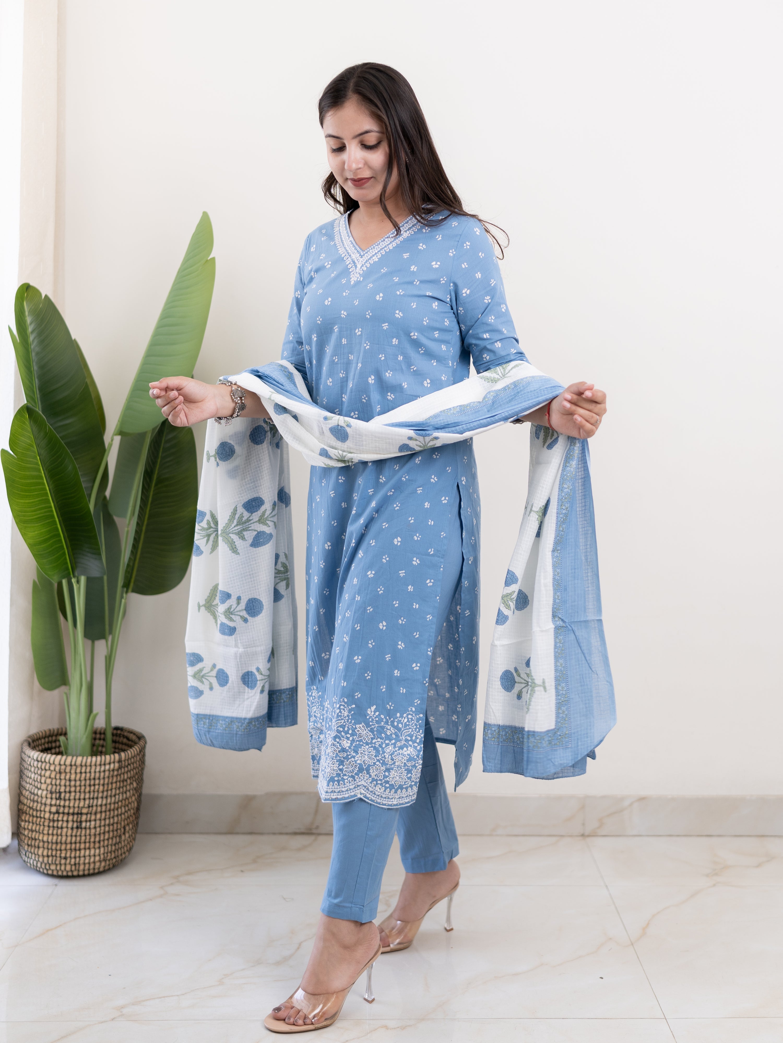 Rifaa Blue Cotton Embroidered Straight Dupatta Set