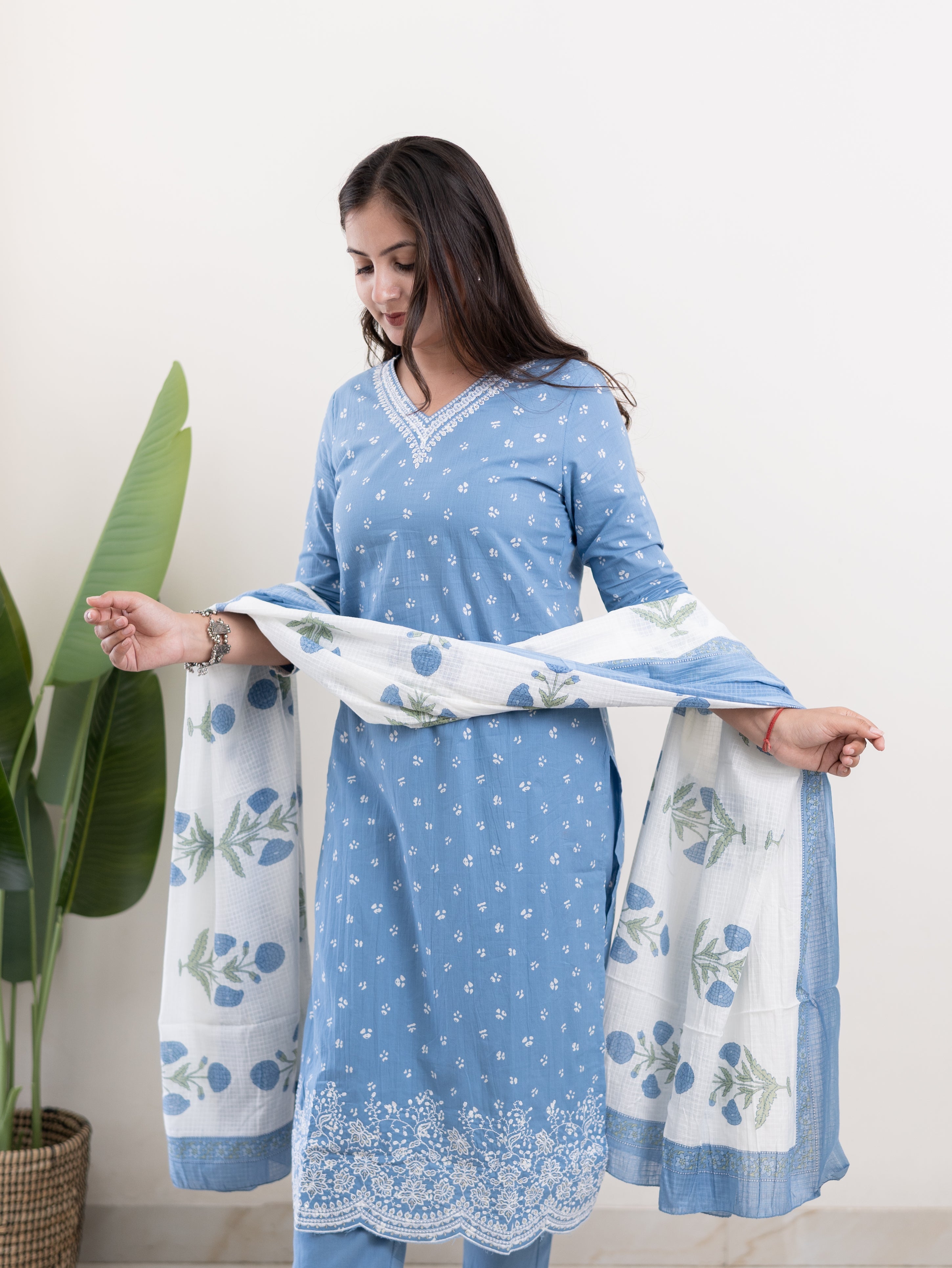 Rifaa Blue Cotton Embroidered Straight Dupatta Set