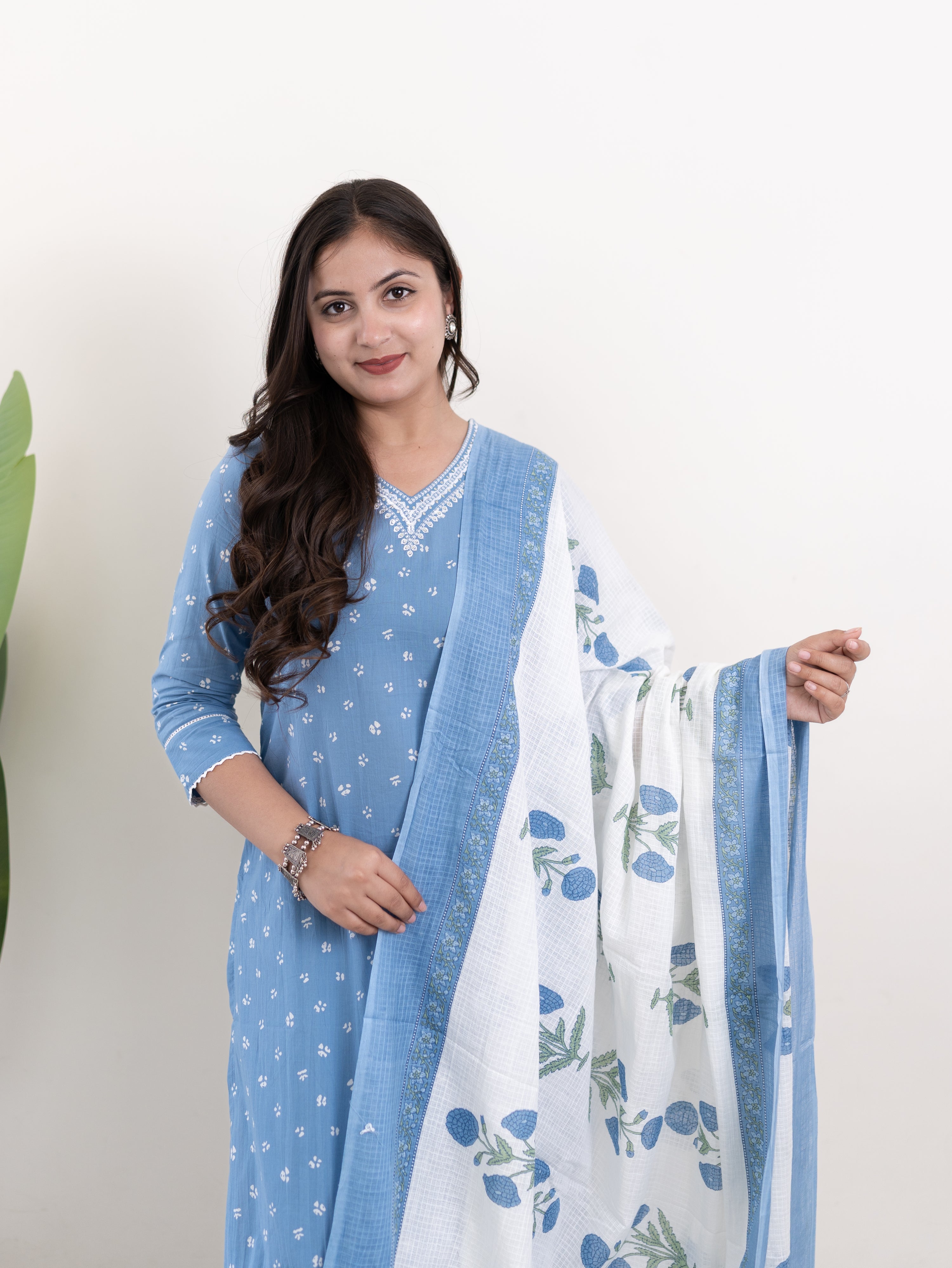 Rifaa Blue Cotton Embroidered Straight Dupatta Set