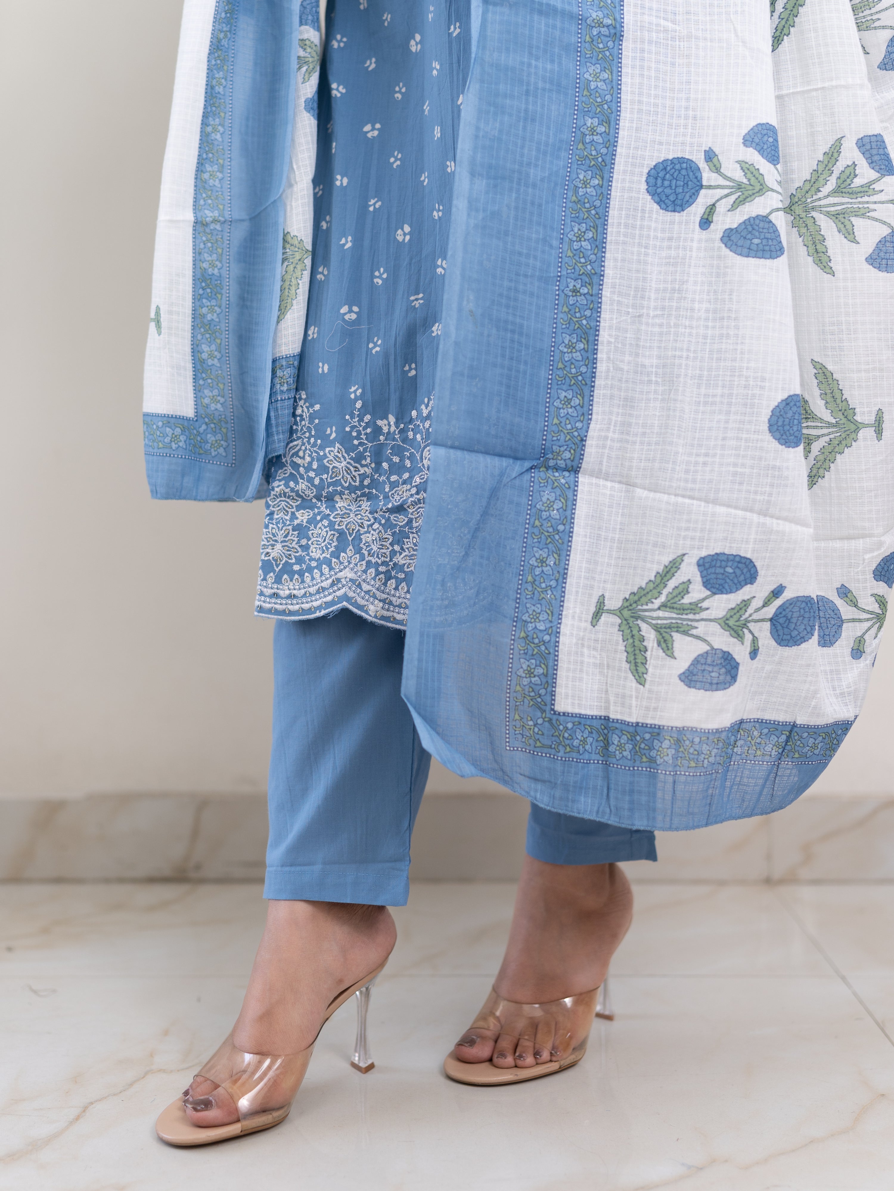 Rifaa Blue Cotton Embroidered Straight Dupatta Set