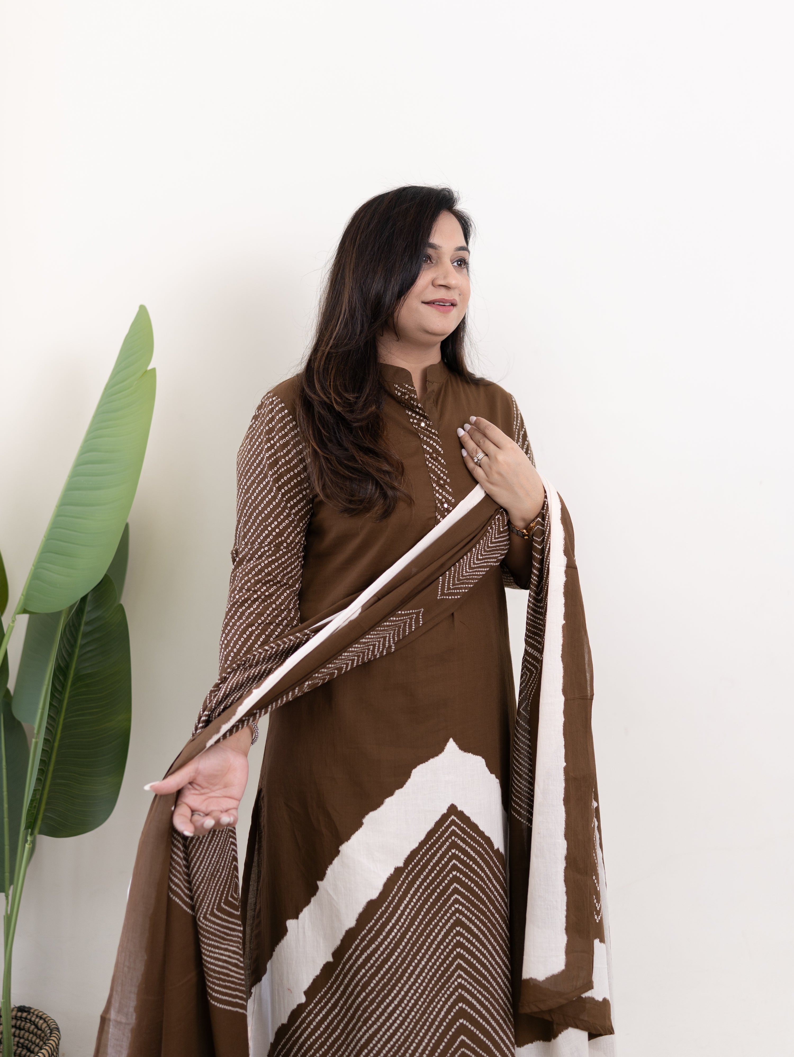 Isra Brown Cotton Bandhani Straight Pant Set