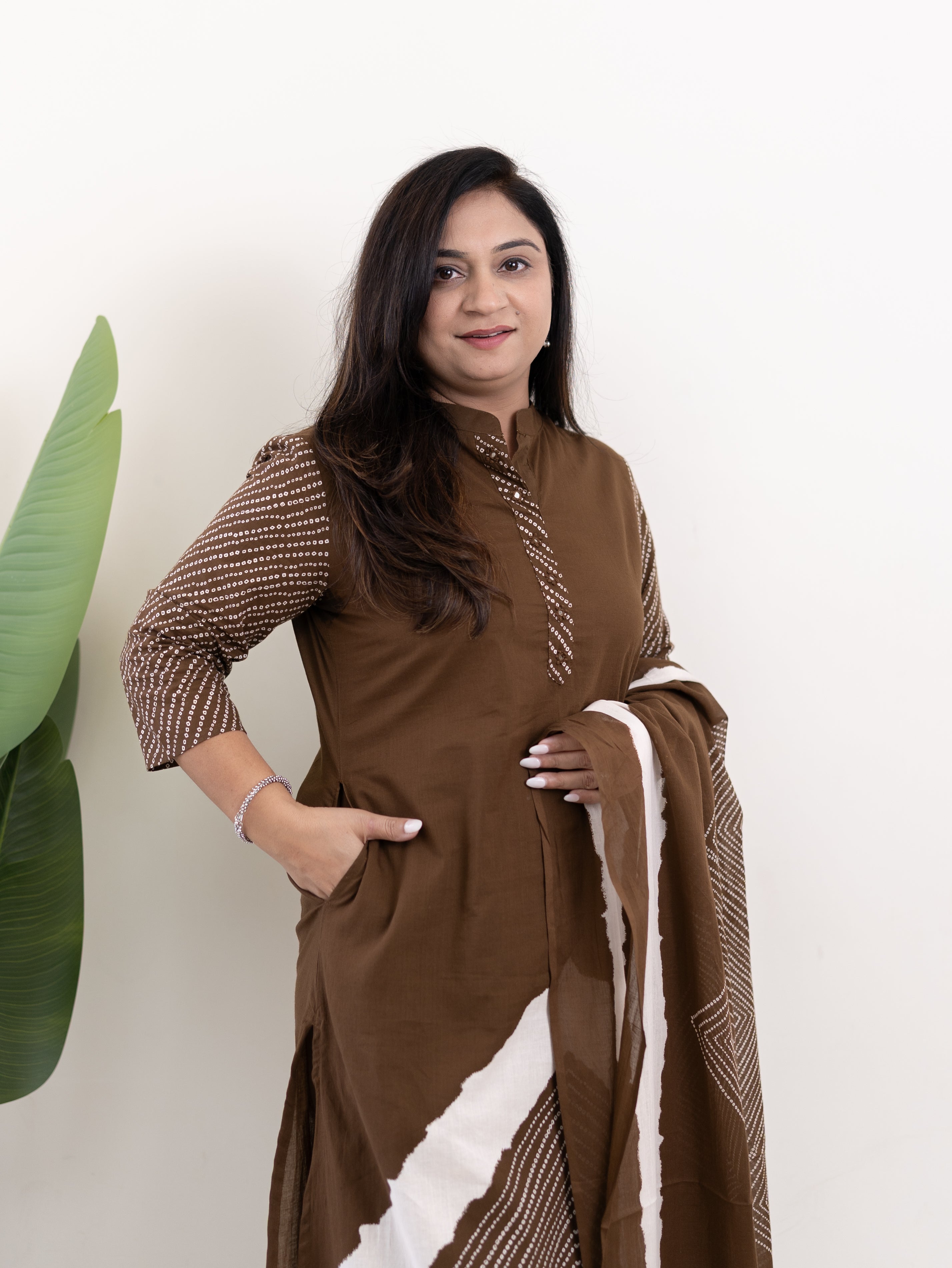 Isra Brown Cotton Bandhani Straight Pant Set
