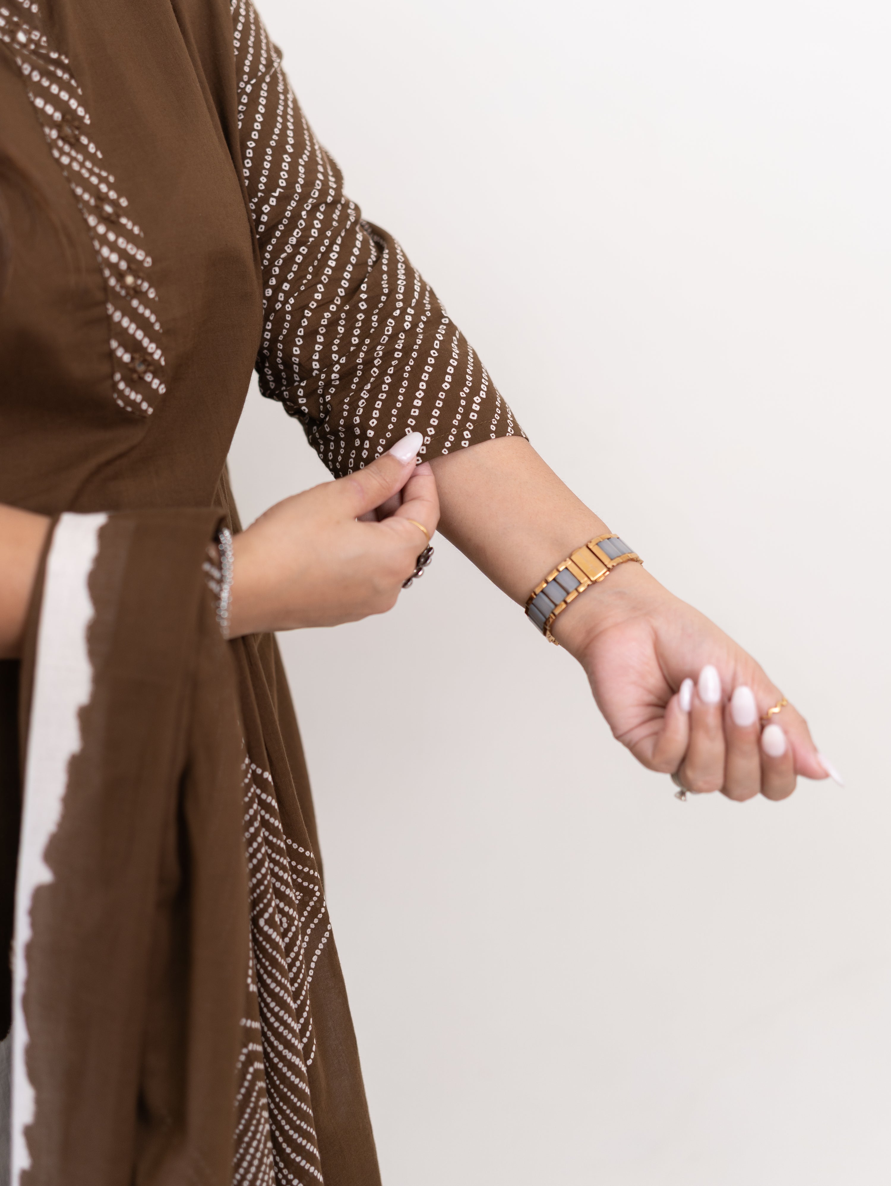 Isra Brown Cotton Bandhani Straight Pant Set