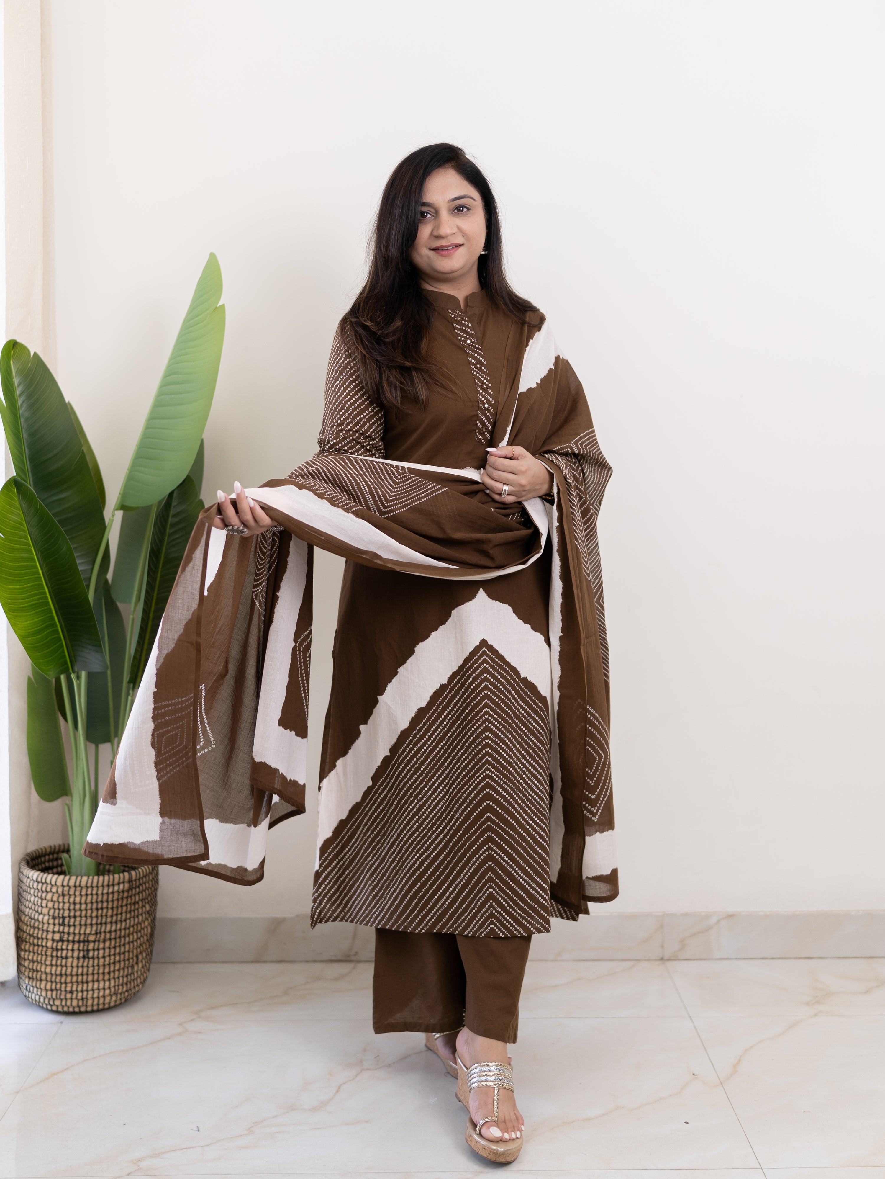 Isra Brown Cotton Bandhani Straight Pant Set