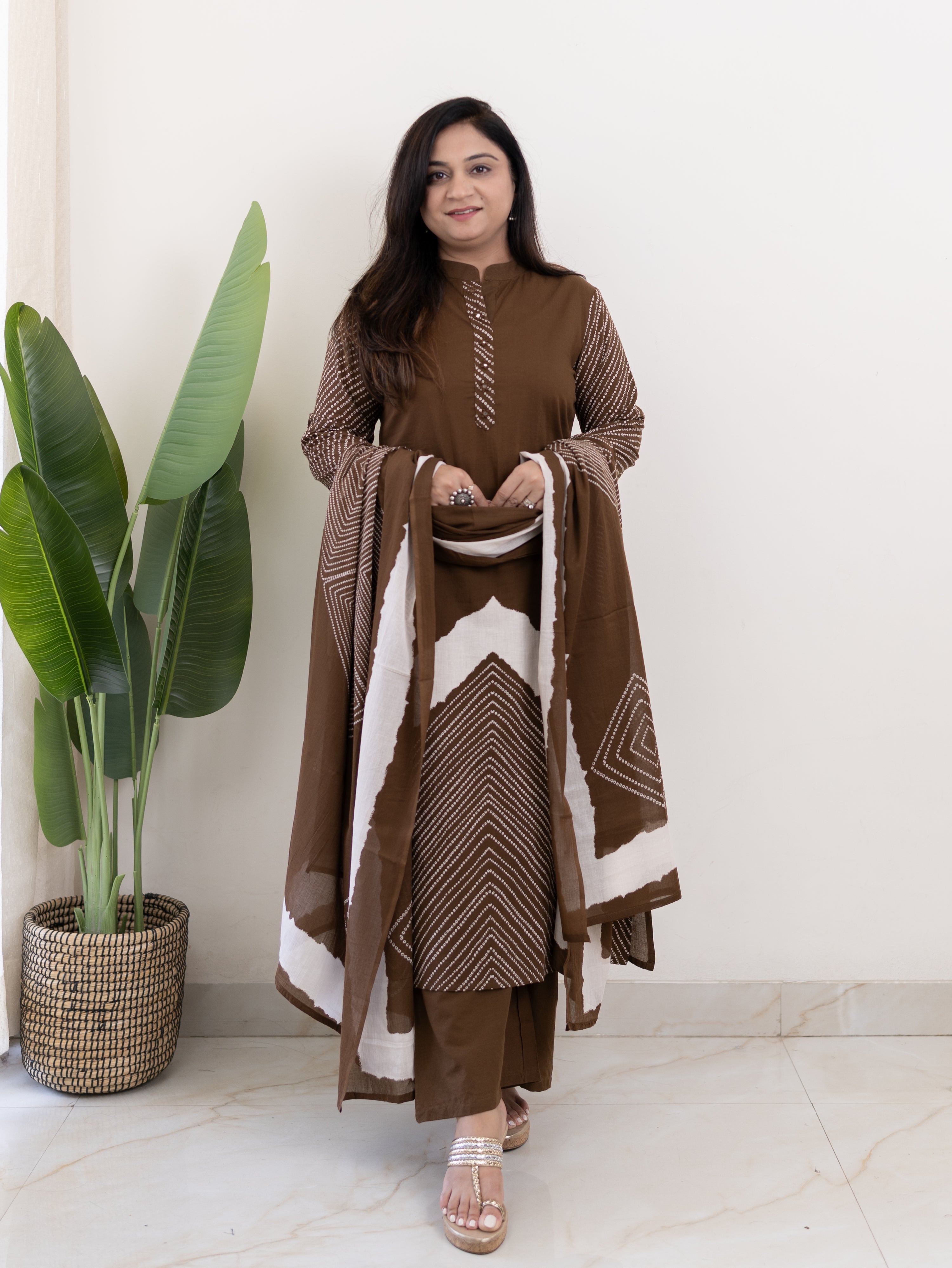 Isra Brown Cotton Bandhani Straight Pant Set