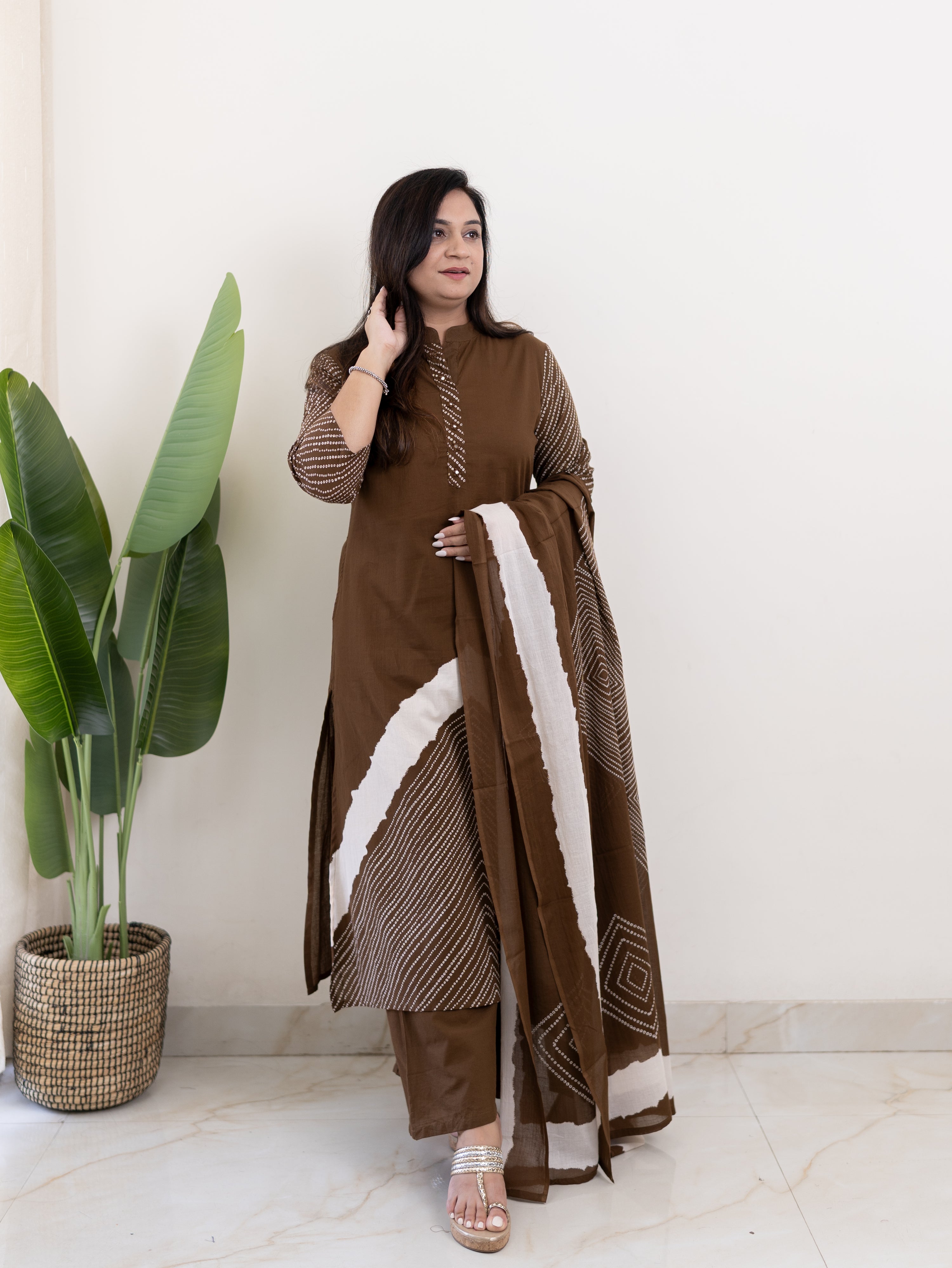 Isra Brown Cotton Bandhani Straight Pant Set