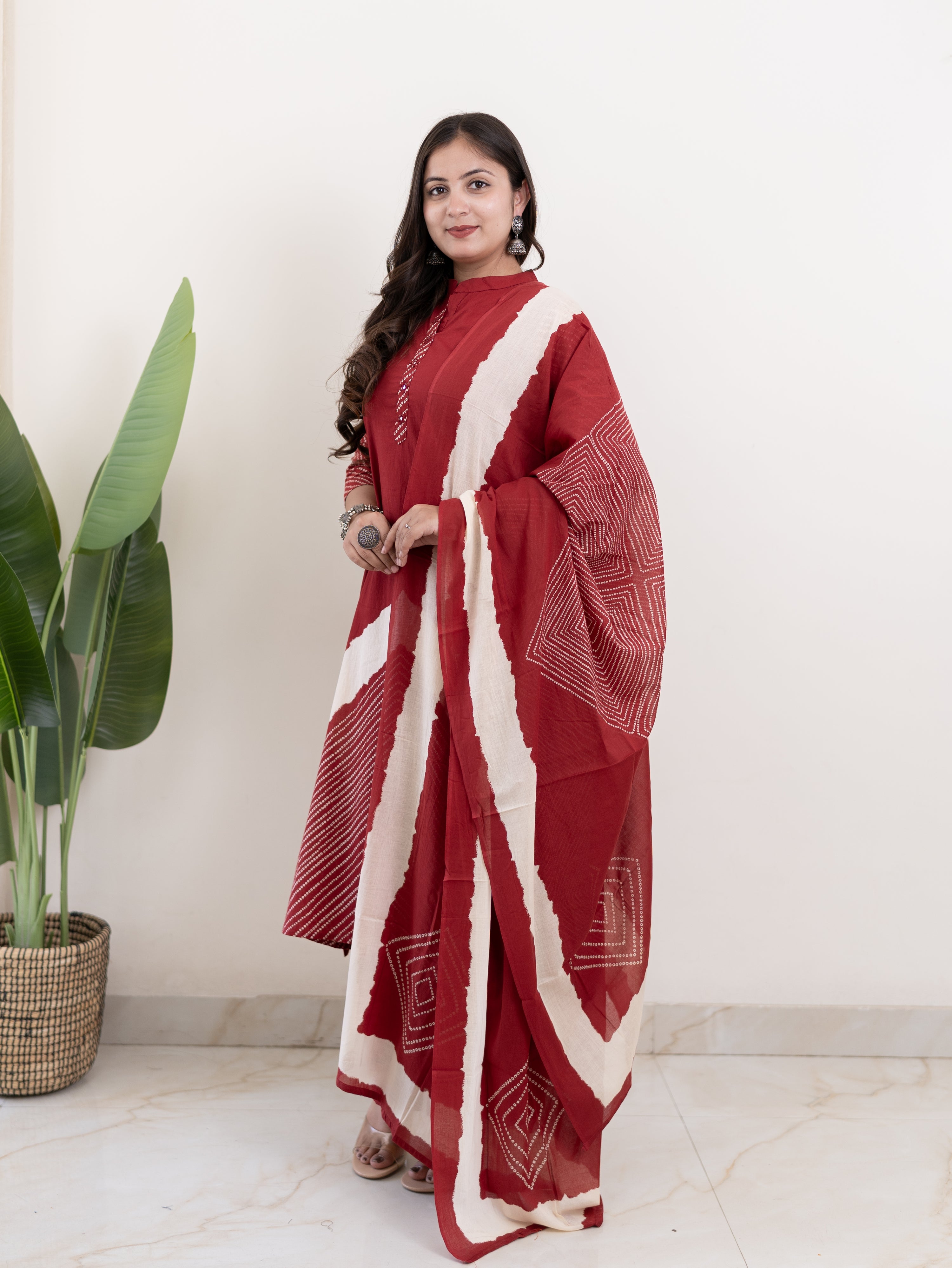 Isra Red Cotton Bandhani Straight Pant Set