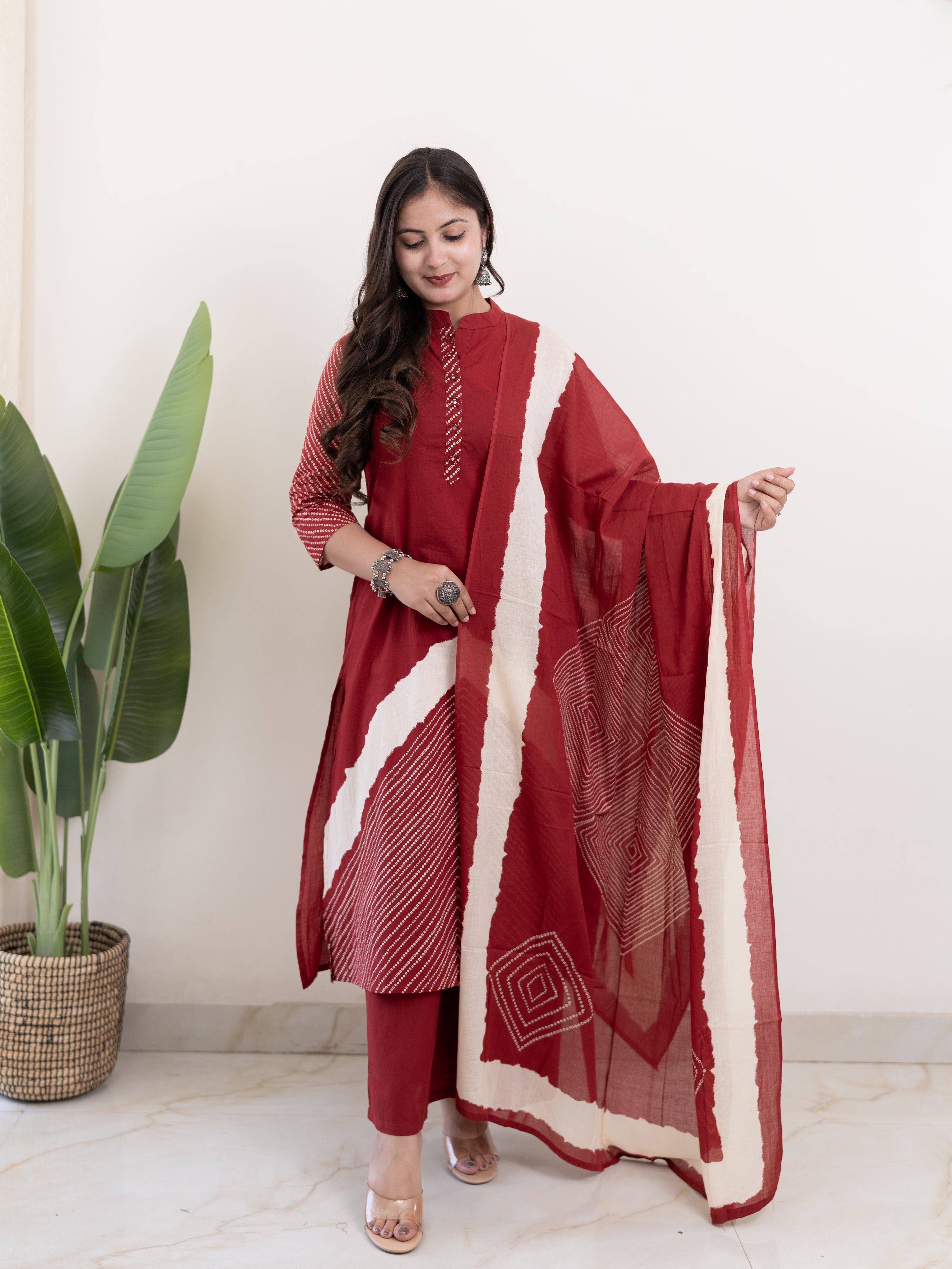 Isra Red Cotton Bandhani Straight Pant Set