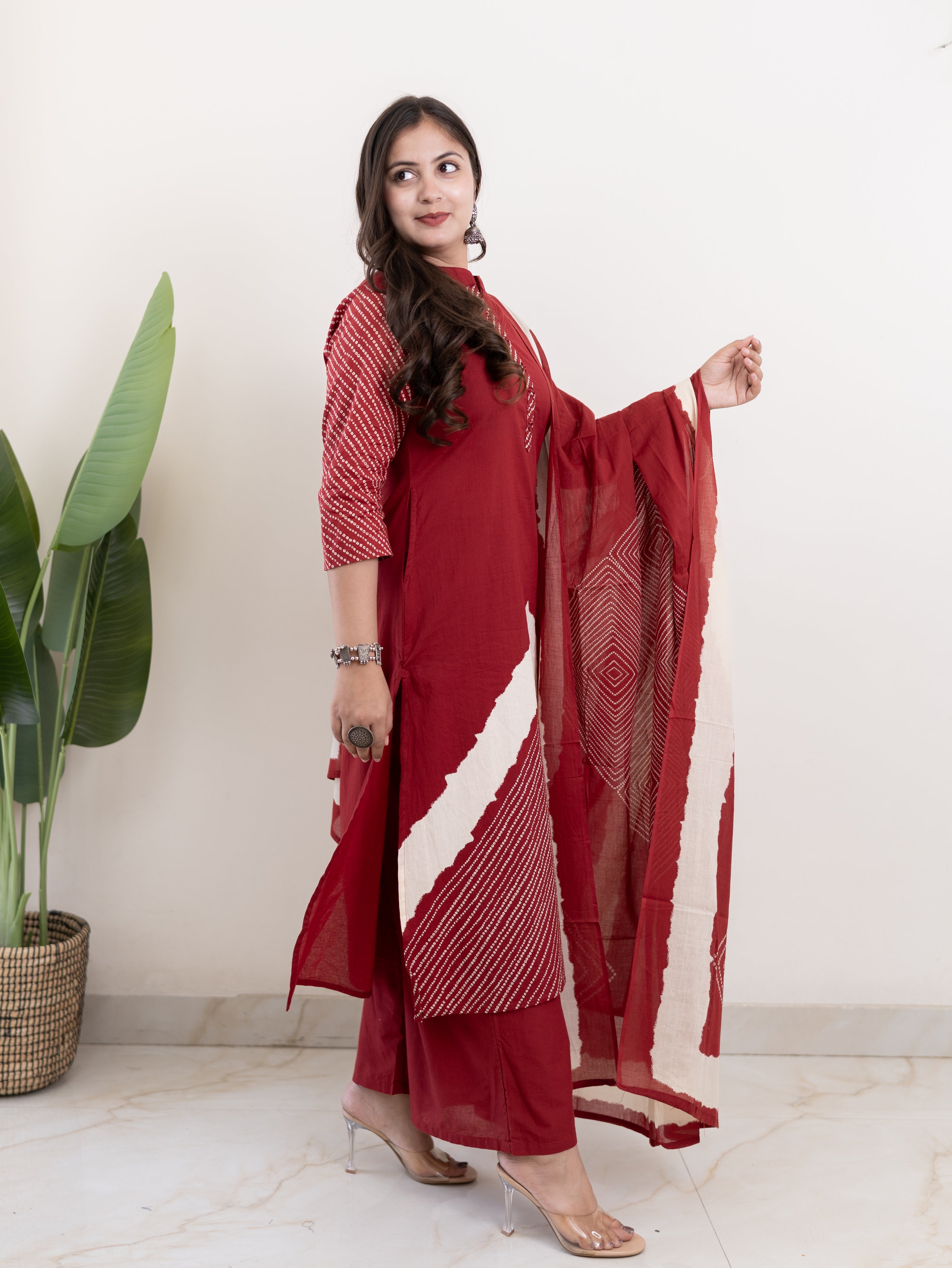 Isra Red Cotton Bandhani Straight Pant Set