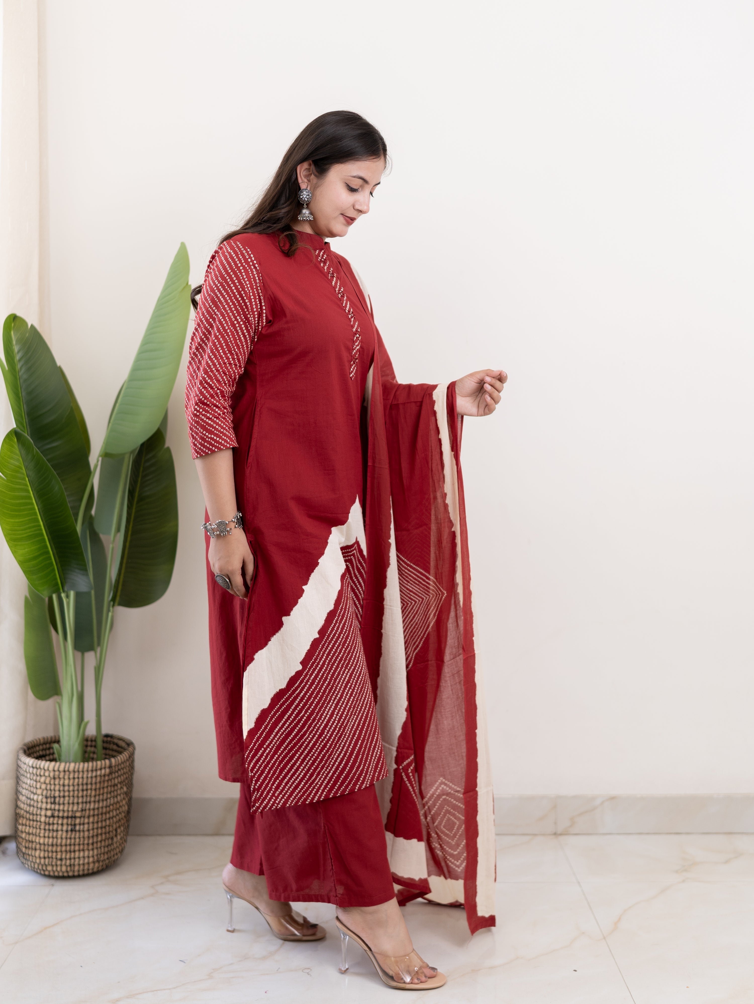 Isra Red Cotton Bandhani Straight Pant Set