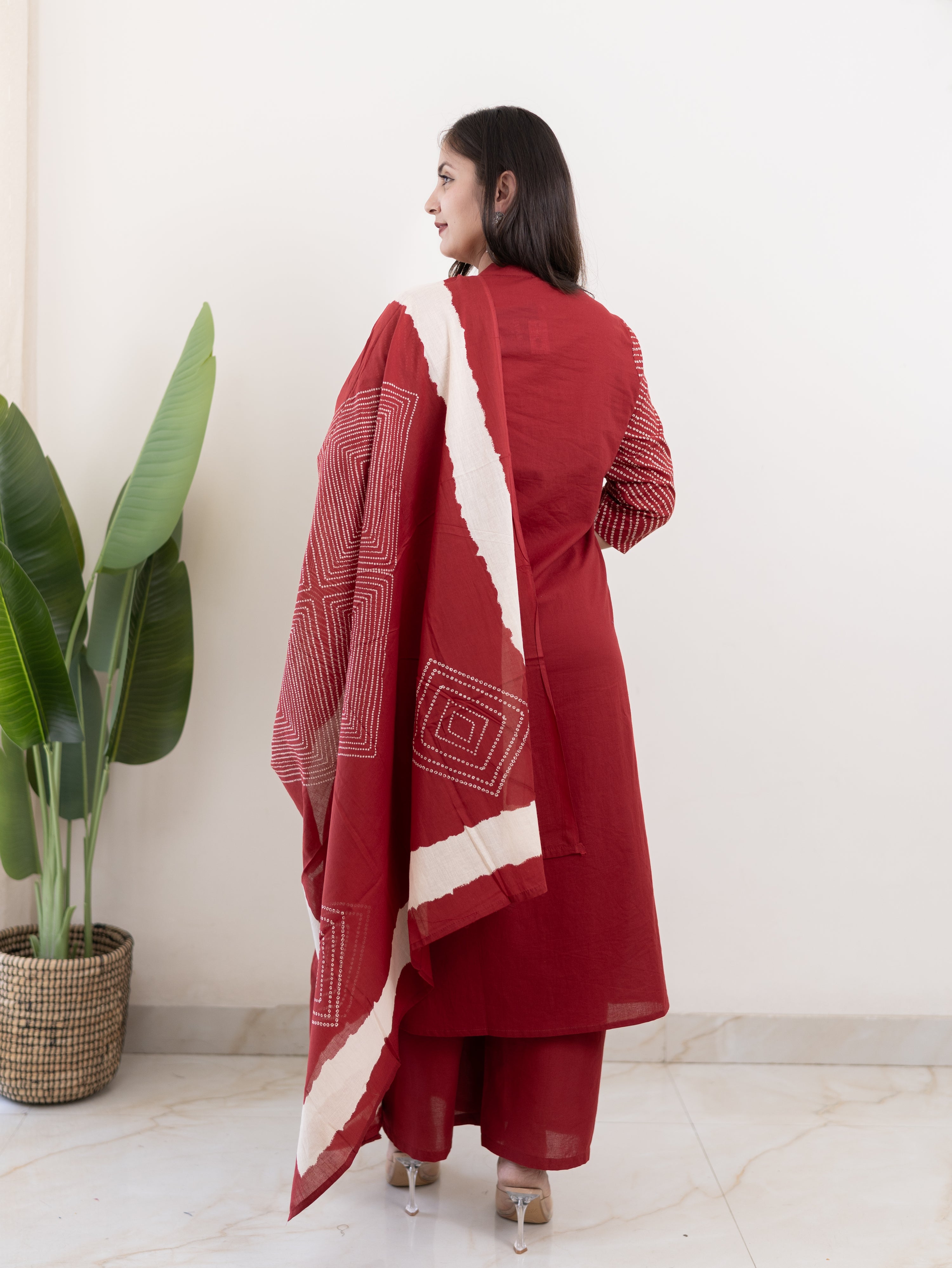 Isra Red Cotton Bandhani Straight Pant Set
