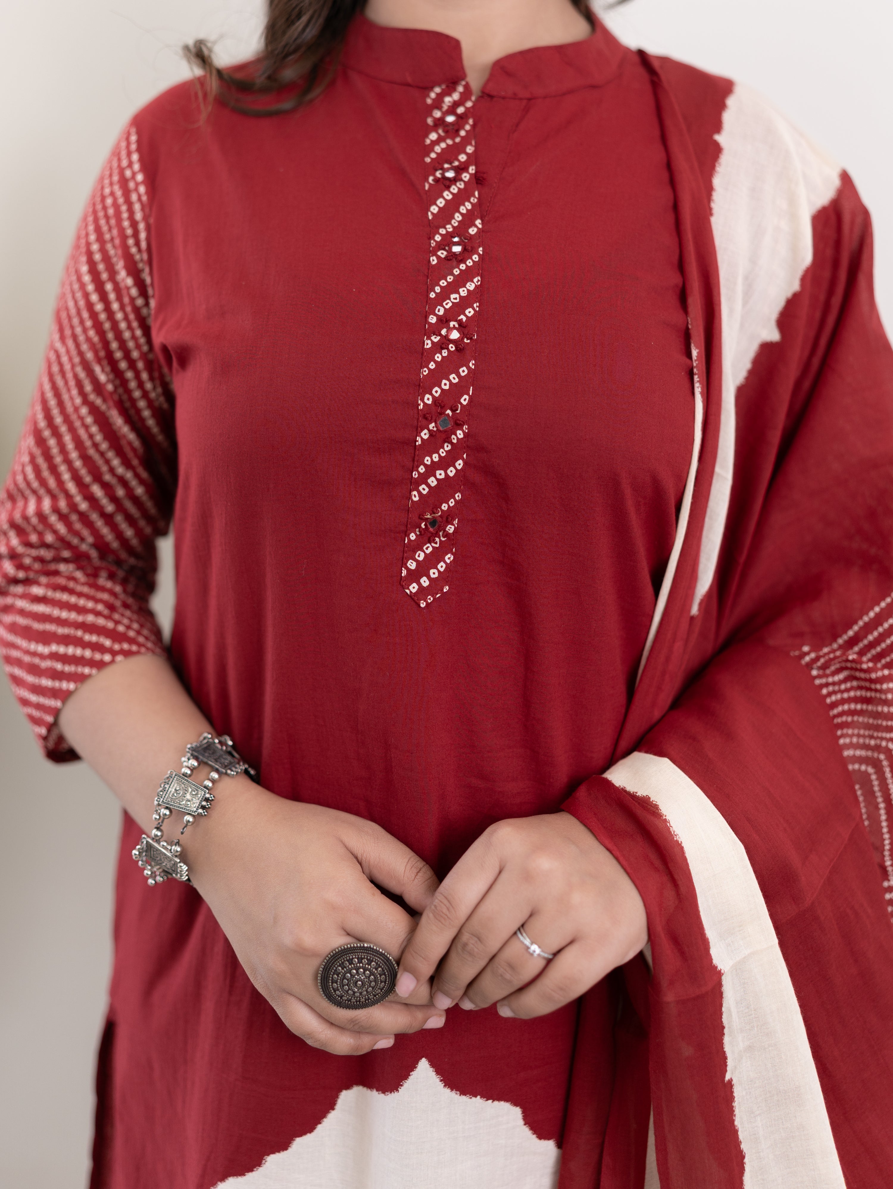 Isra Red Cotton Bandhani Straight Pant Set