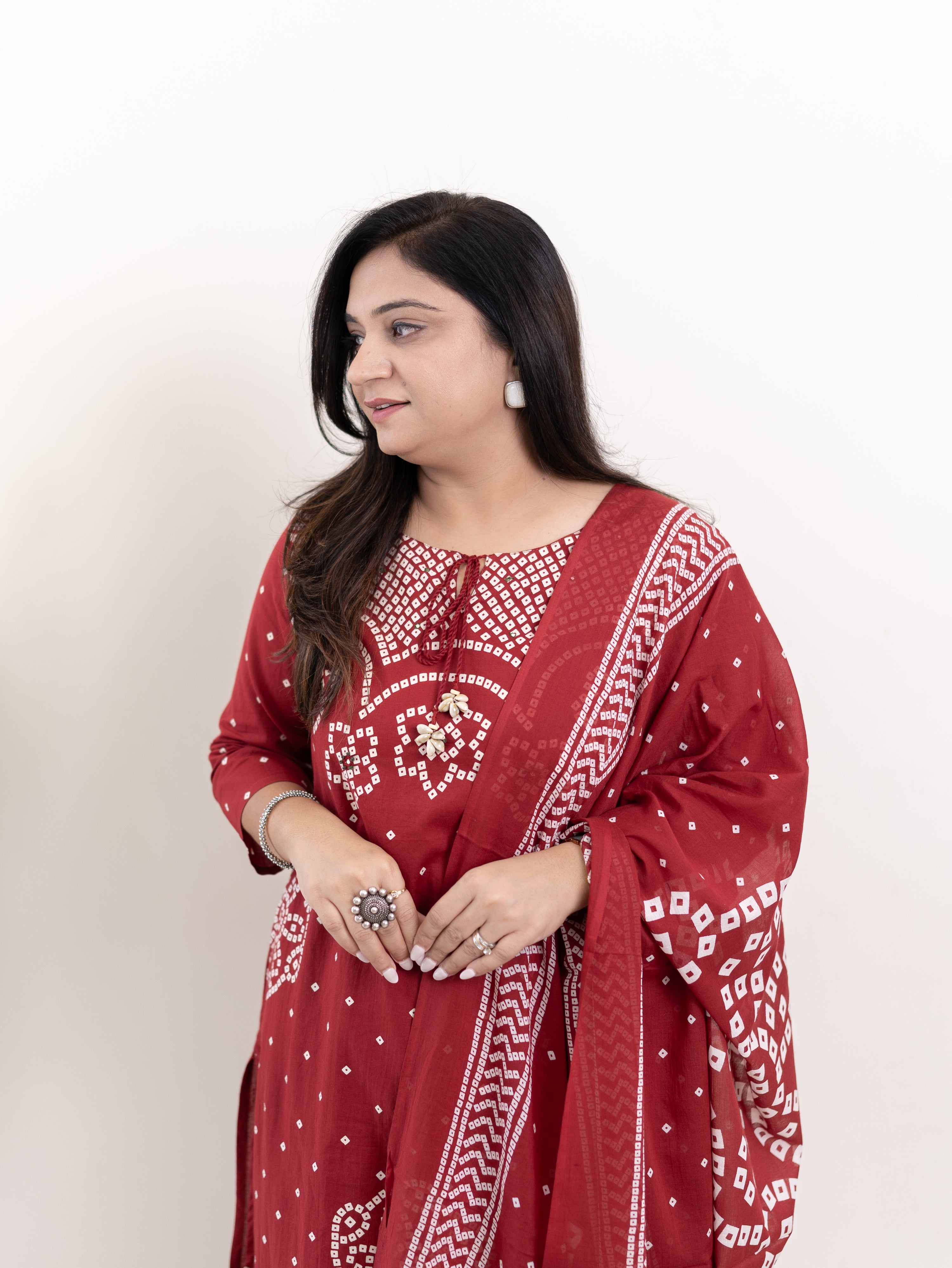 Mishi Red Cotton Bandhani Straight Dupatta Set