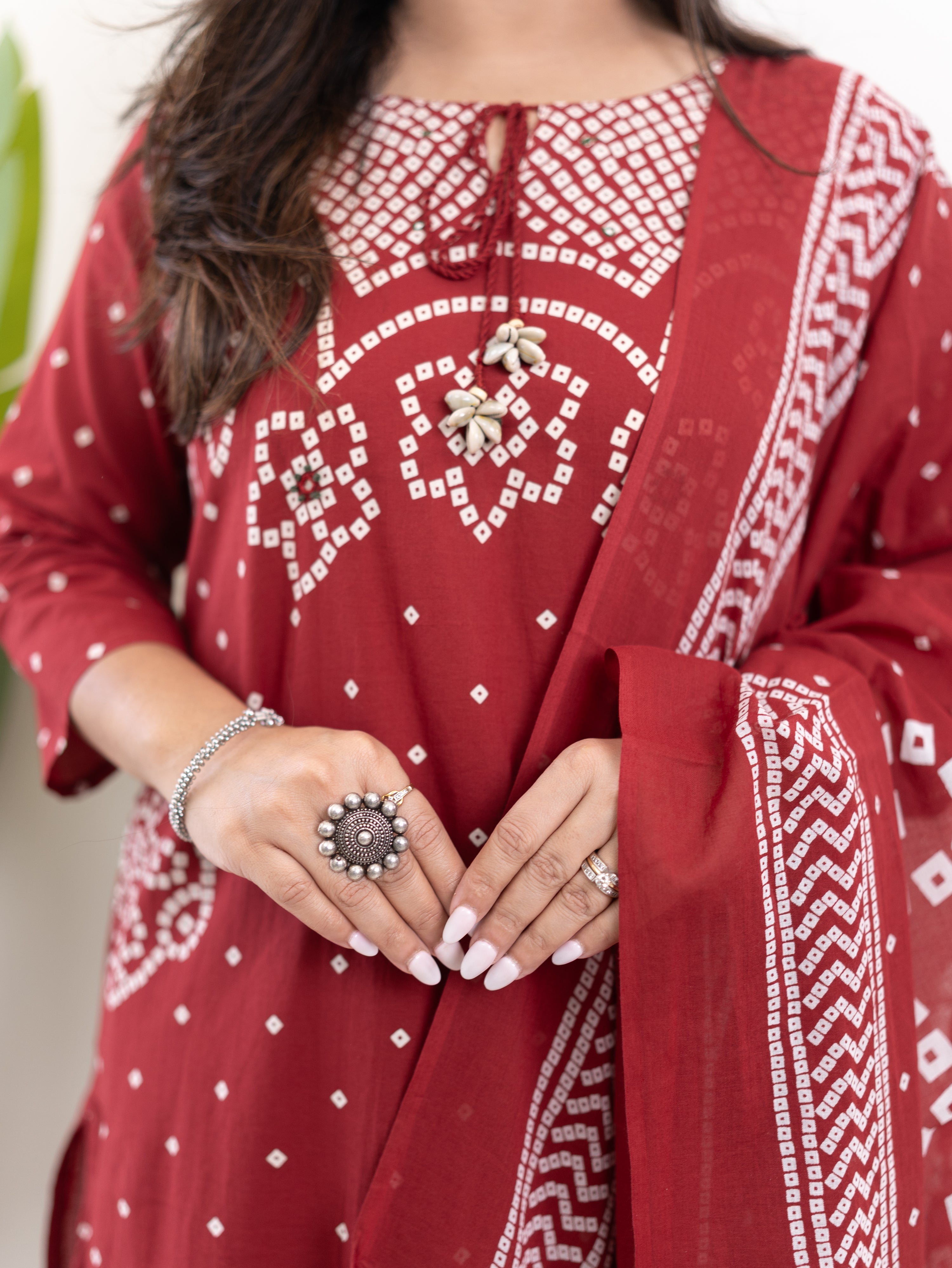 Mishi Red Cotton Bandhani Straight Dupatta Set