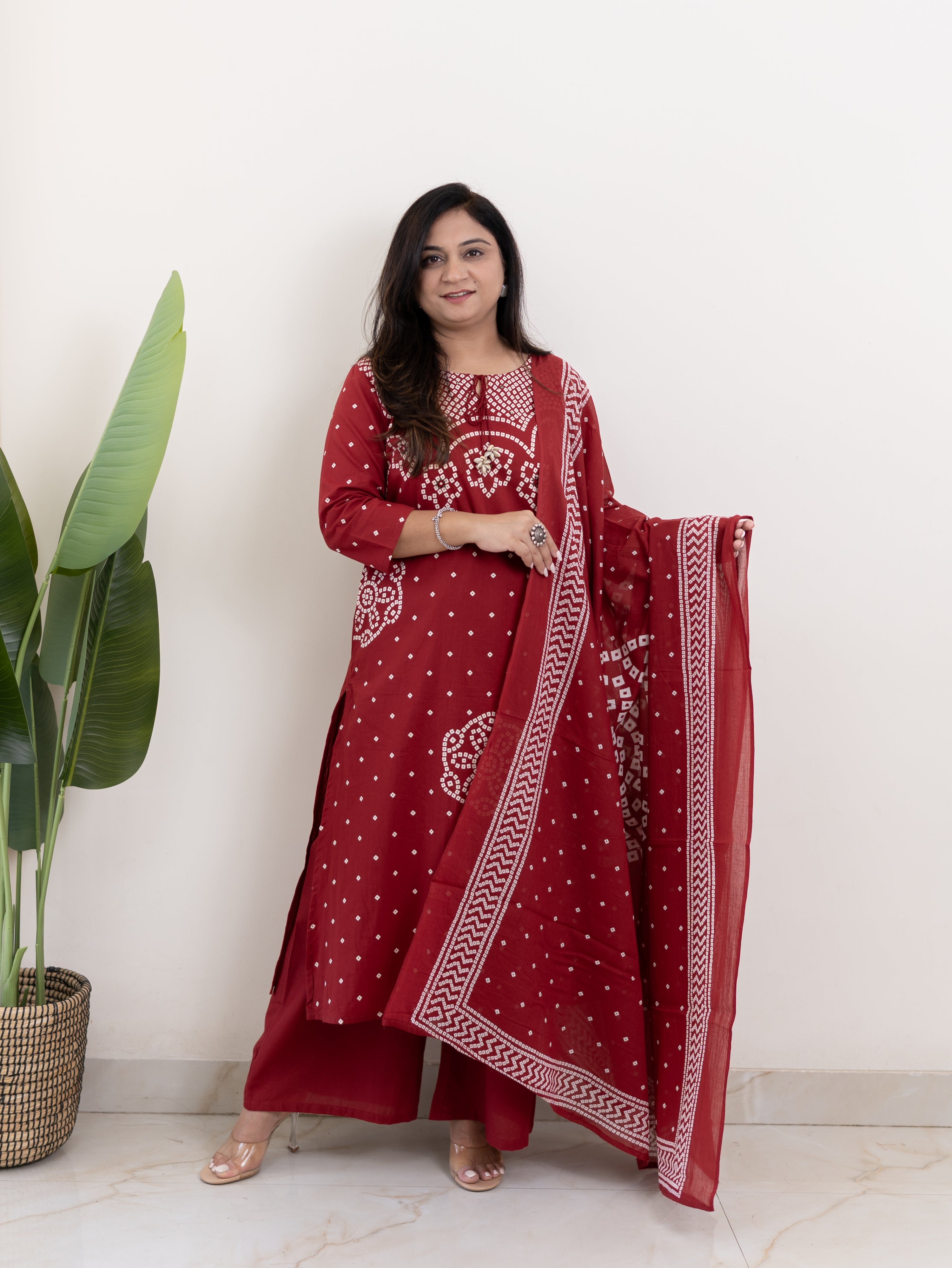 Mishi Red Cotton Bandhani Straight Dupatta Set