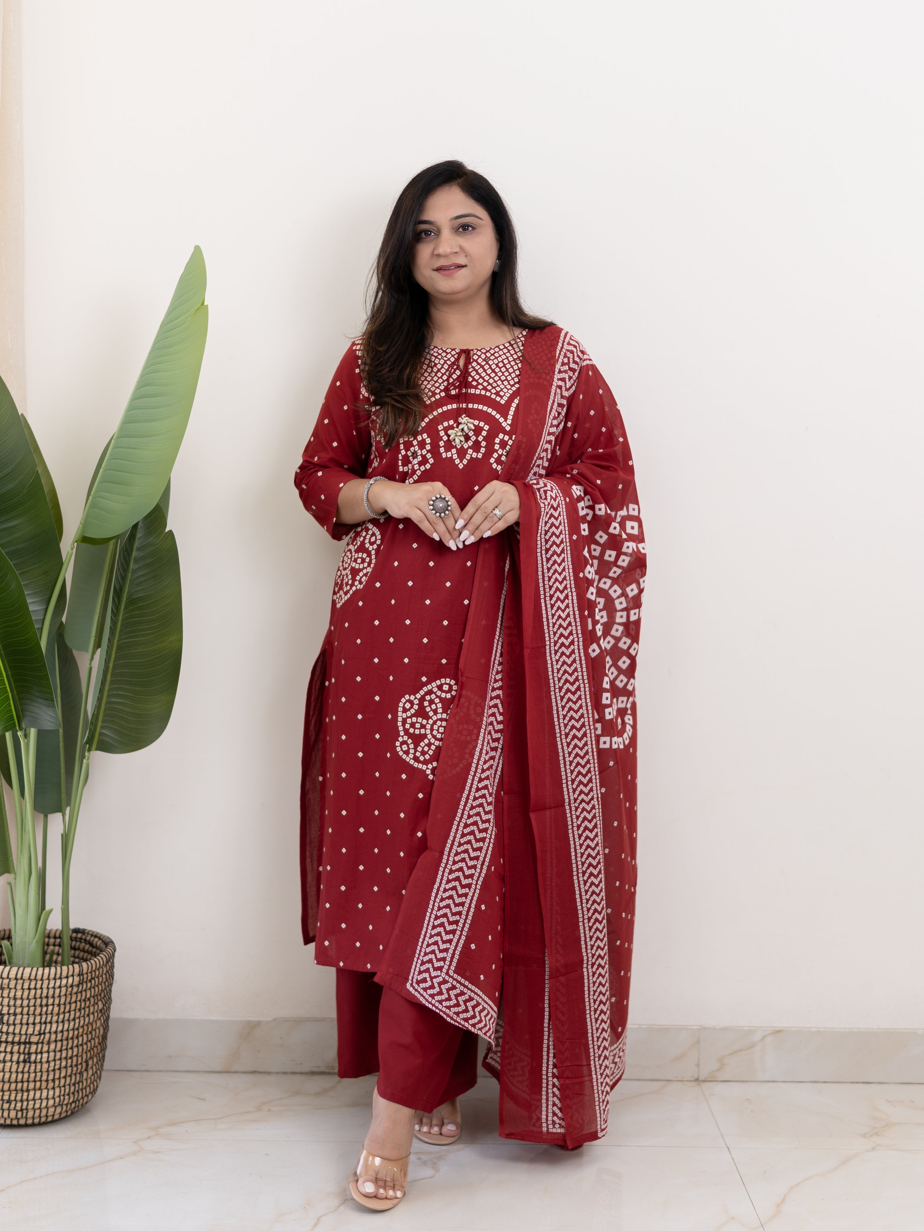 Mishi Red Cotton Bandhani Straight Dupatta Set