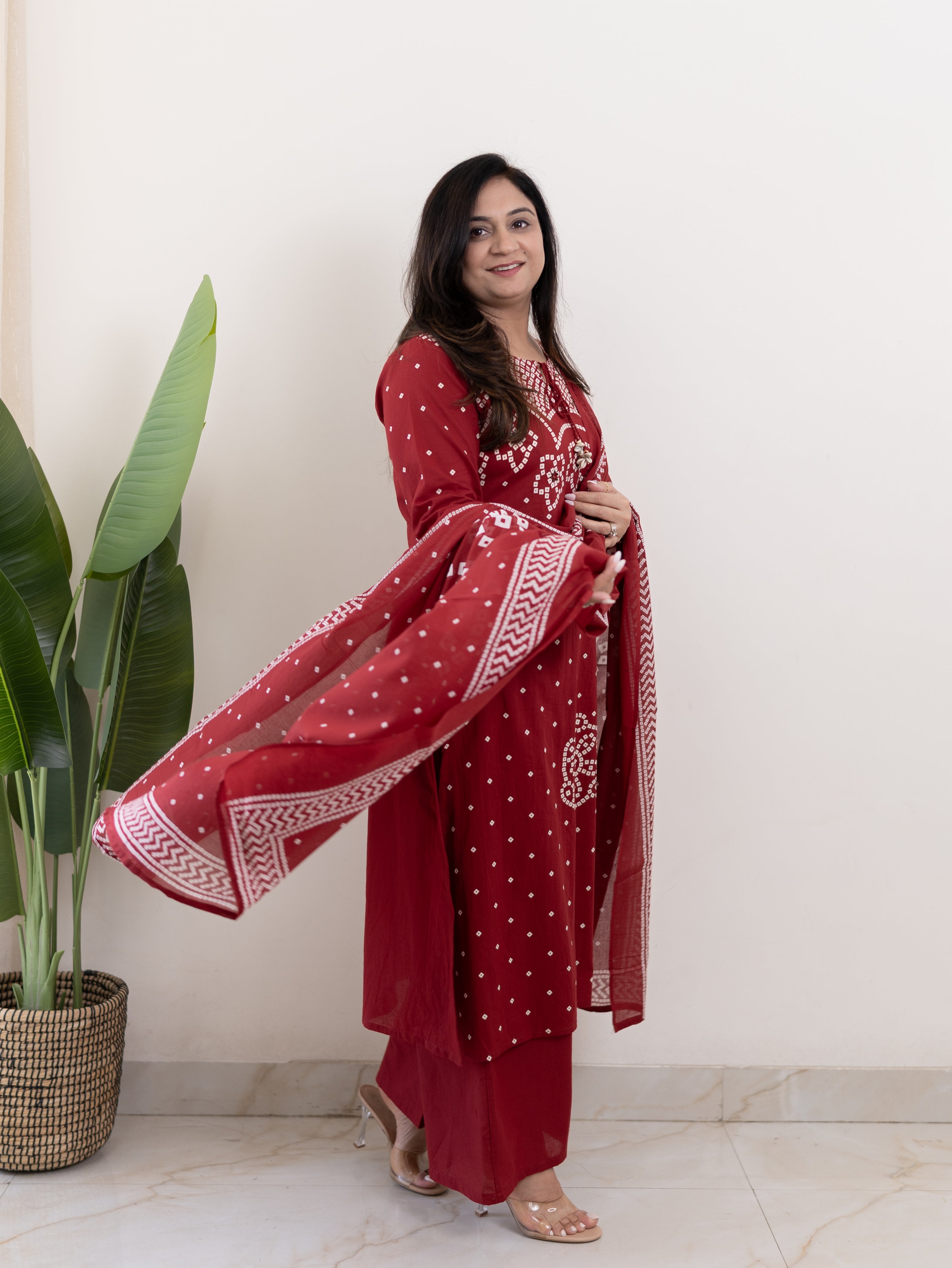 Mishi Red Cotton Bandhani Straight Dupatta Set