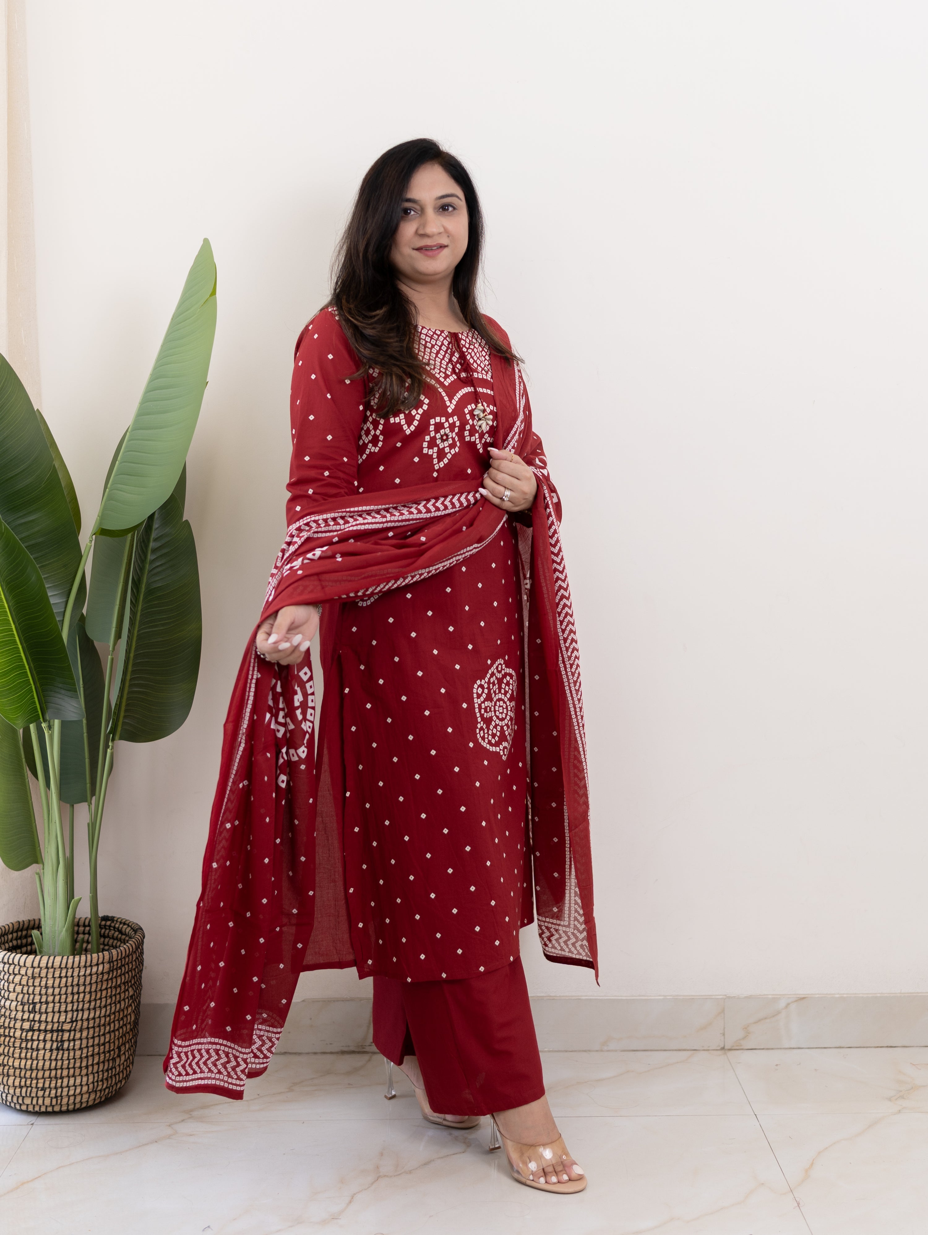 Mishi Red Cotton Bandhani Straight Dupatta Set
