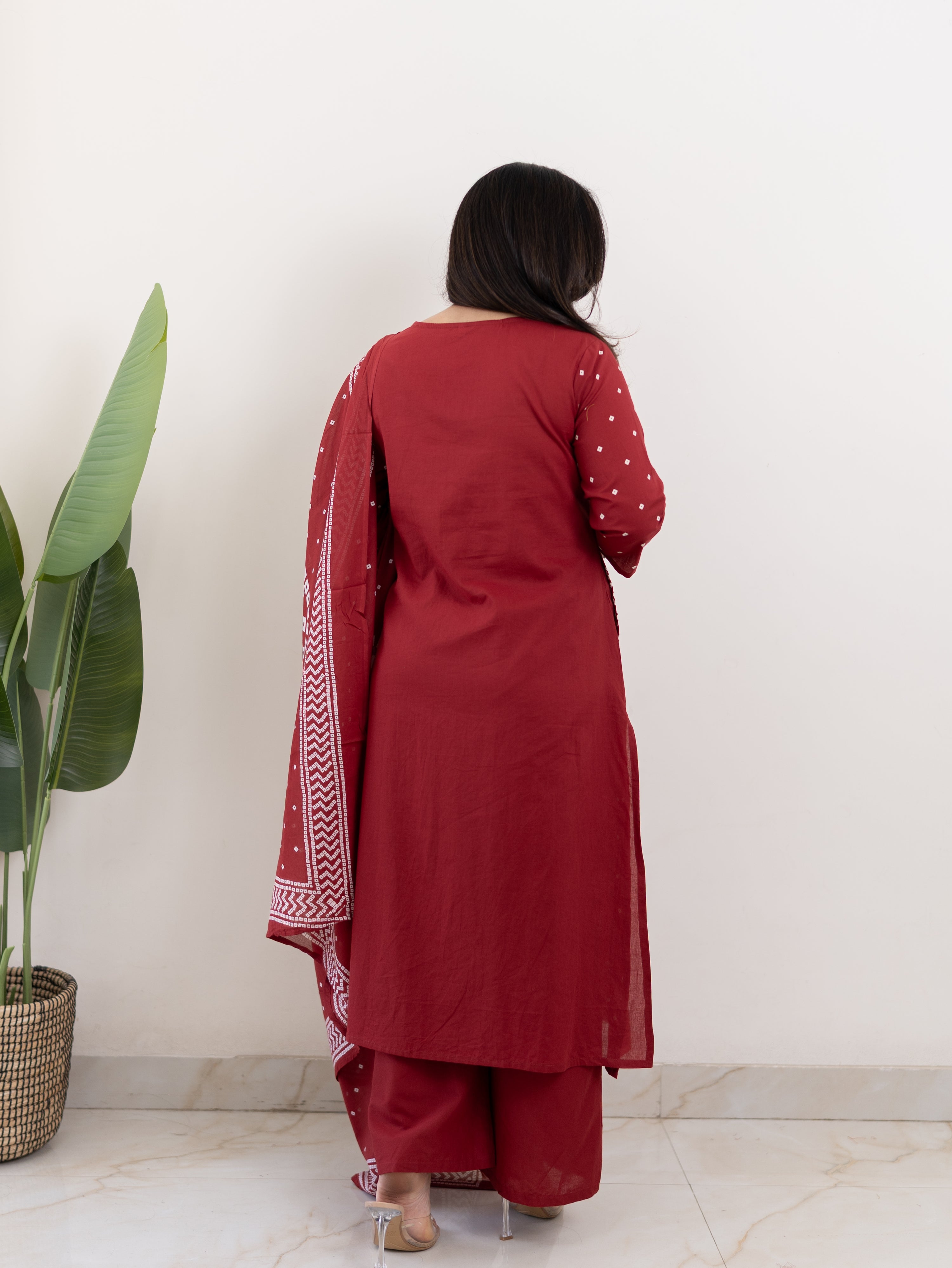 Mishi Red Cotton Bandhani Straight Dupatta Set