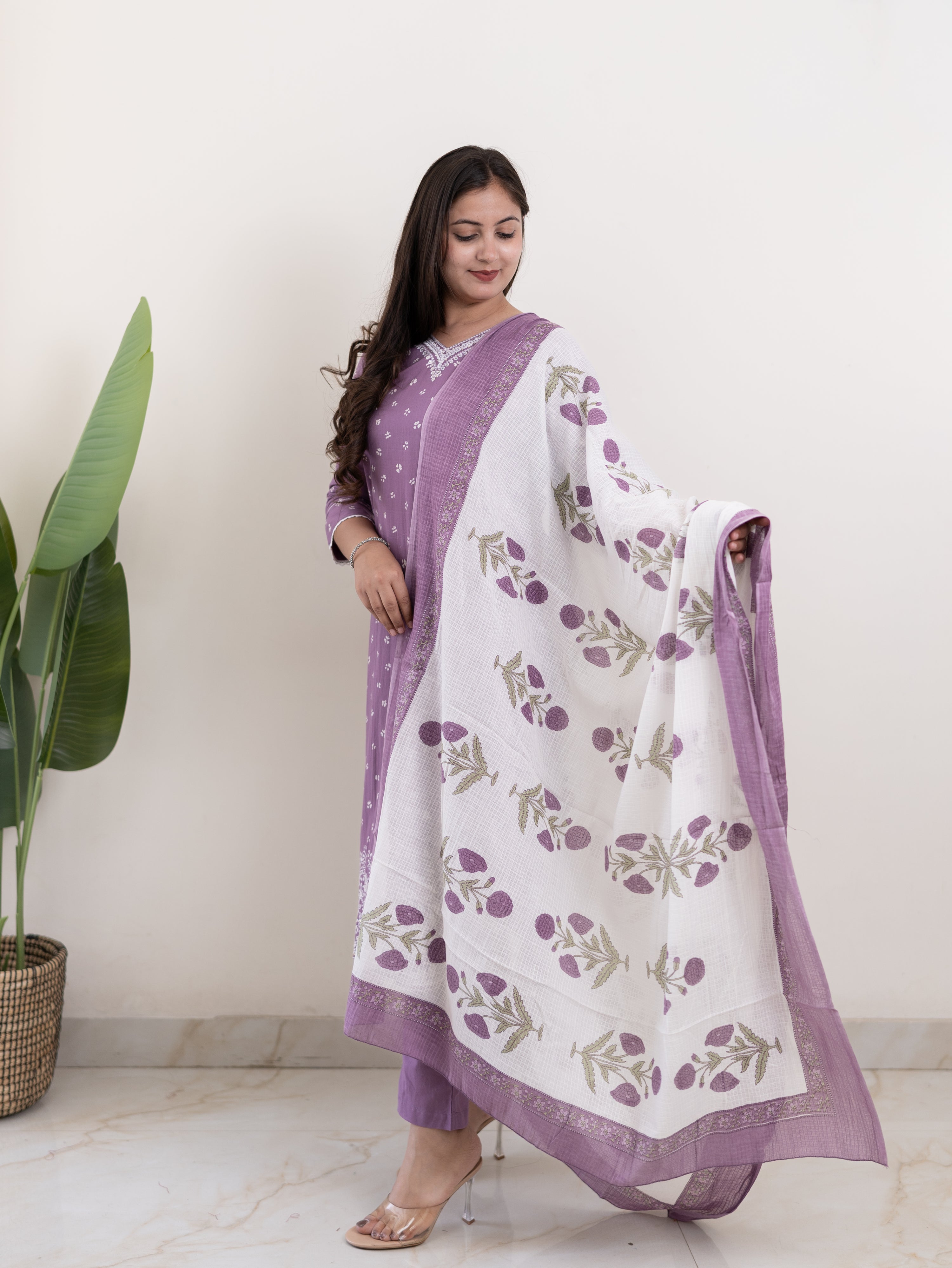 Rifaa Lilac Cotton Embroidered Straight Dupatta Set