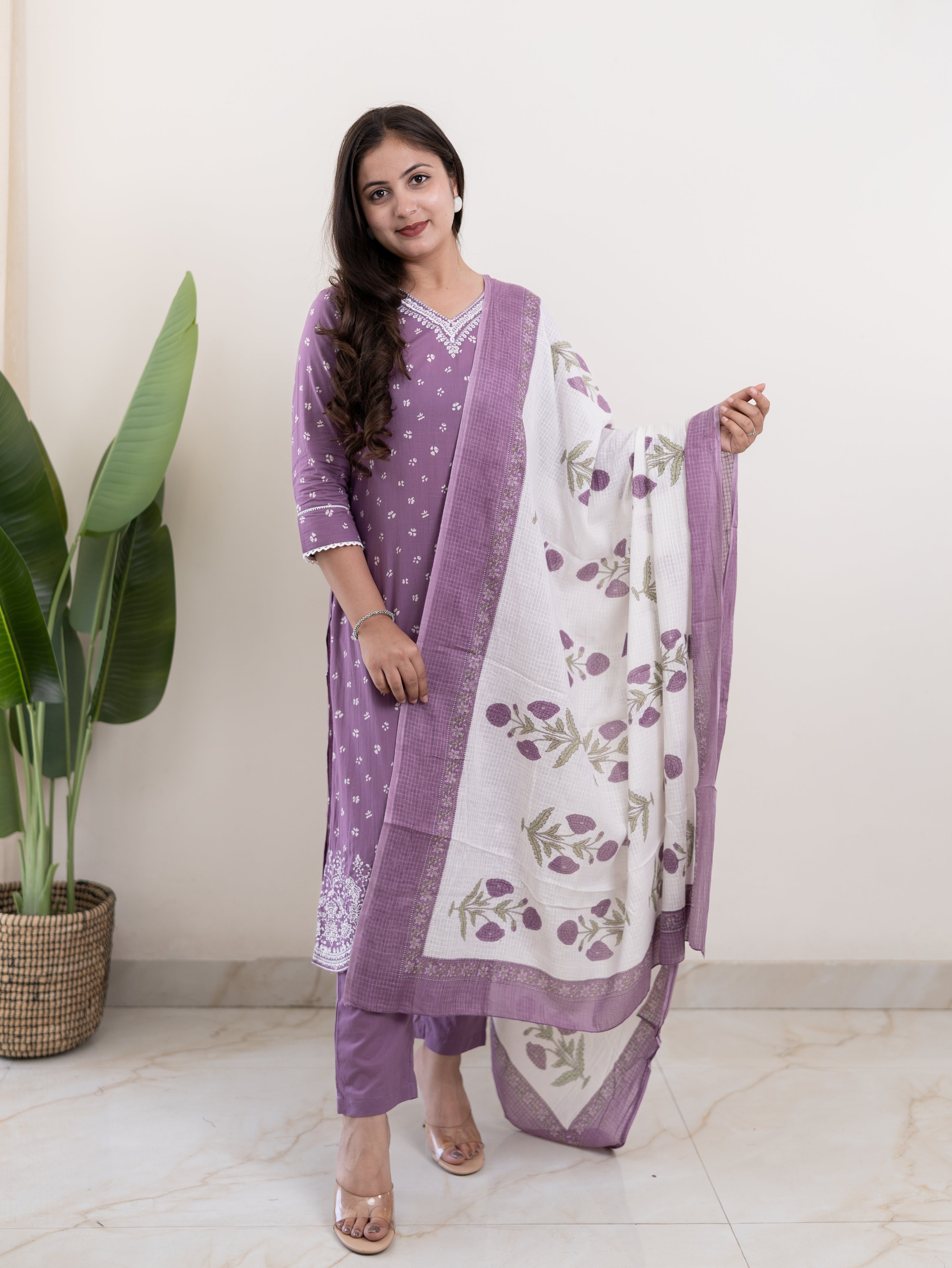 Rifaa Lilac Cotton Embroidered Straight Dupatta Set