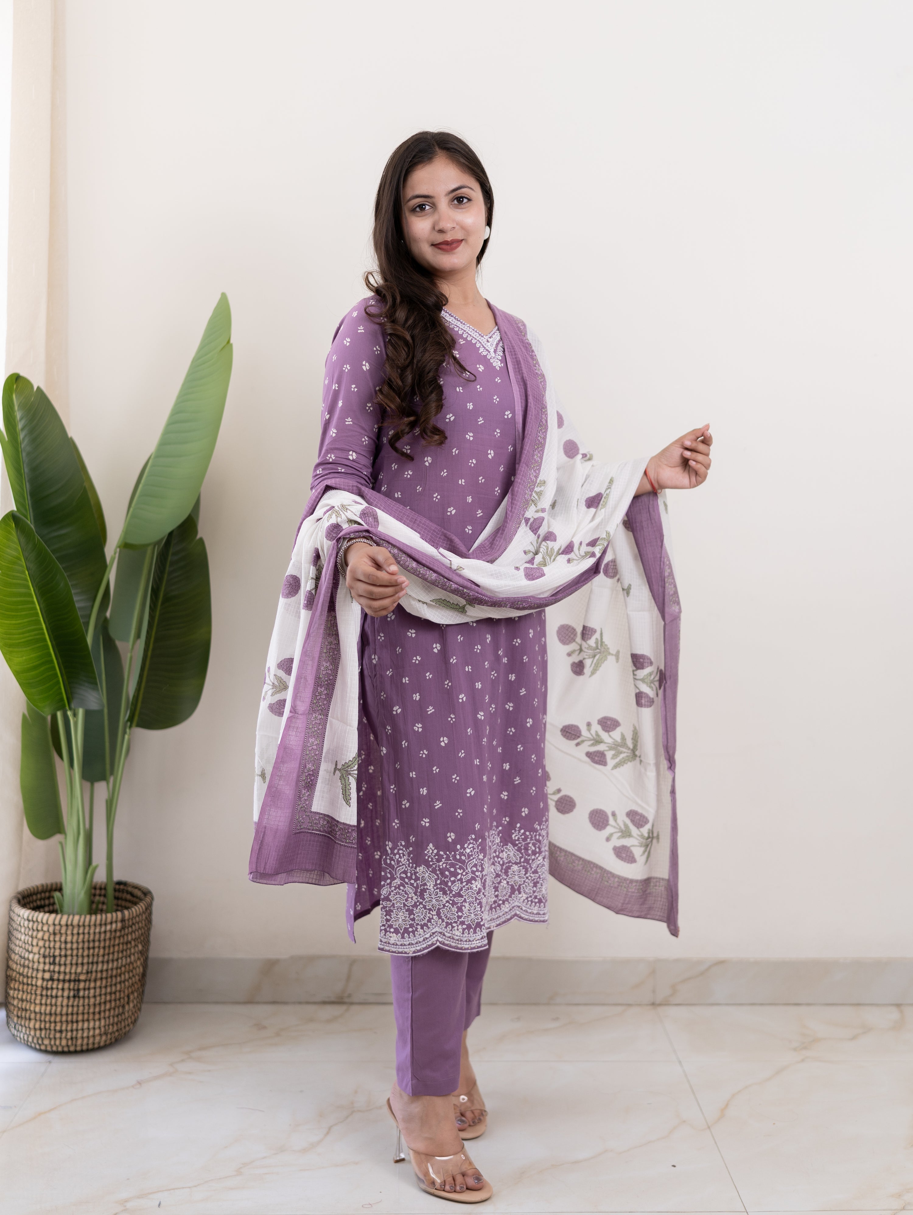 Rifaa Lilac Cotton Embroidered Straight Dupatta Set