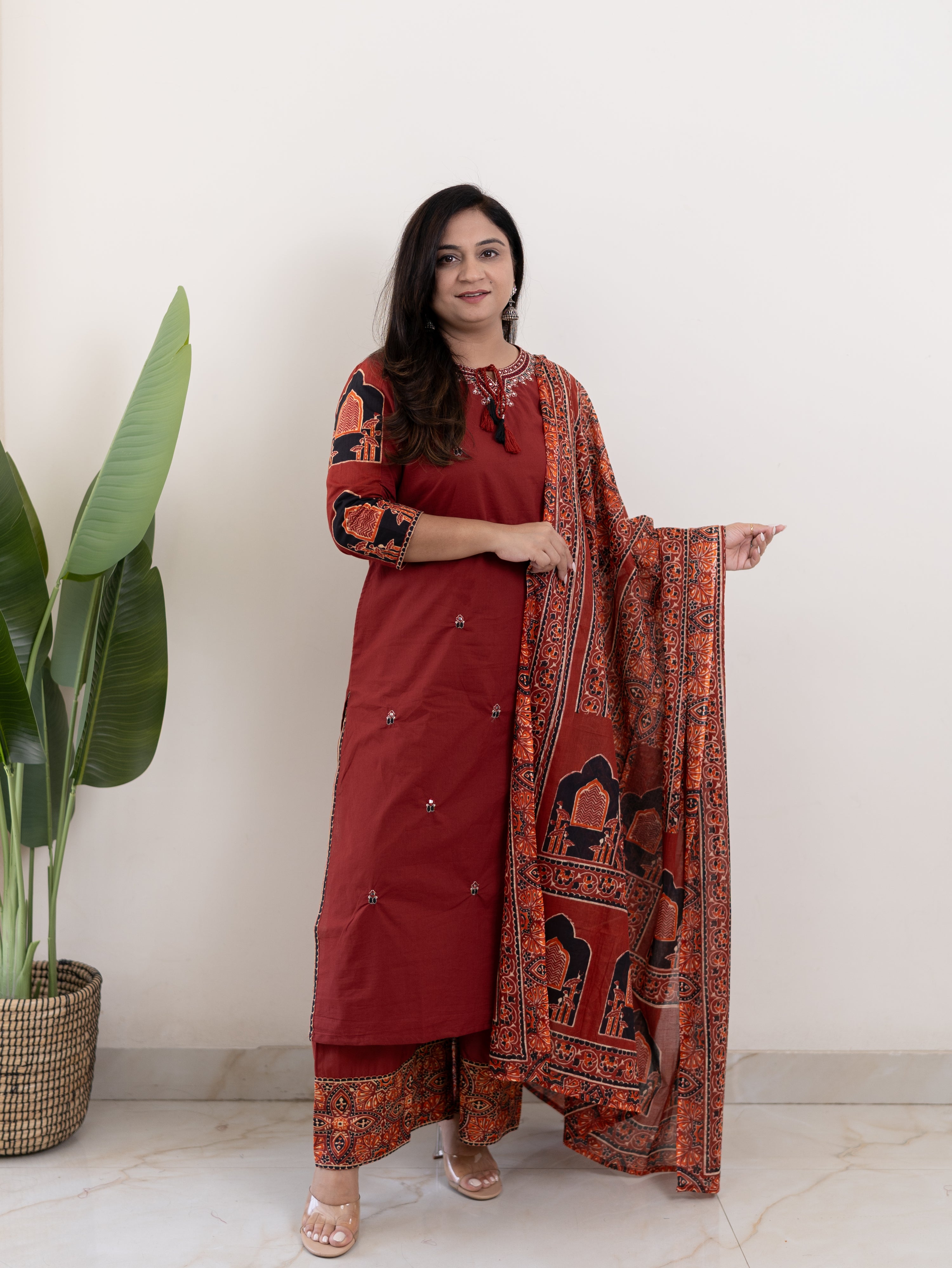 Komal Red Ajrakh Cotton Embroidered Dupatta set