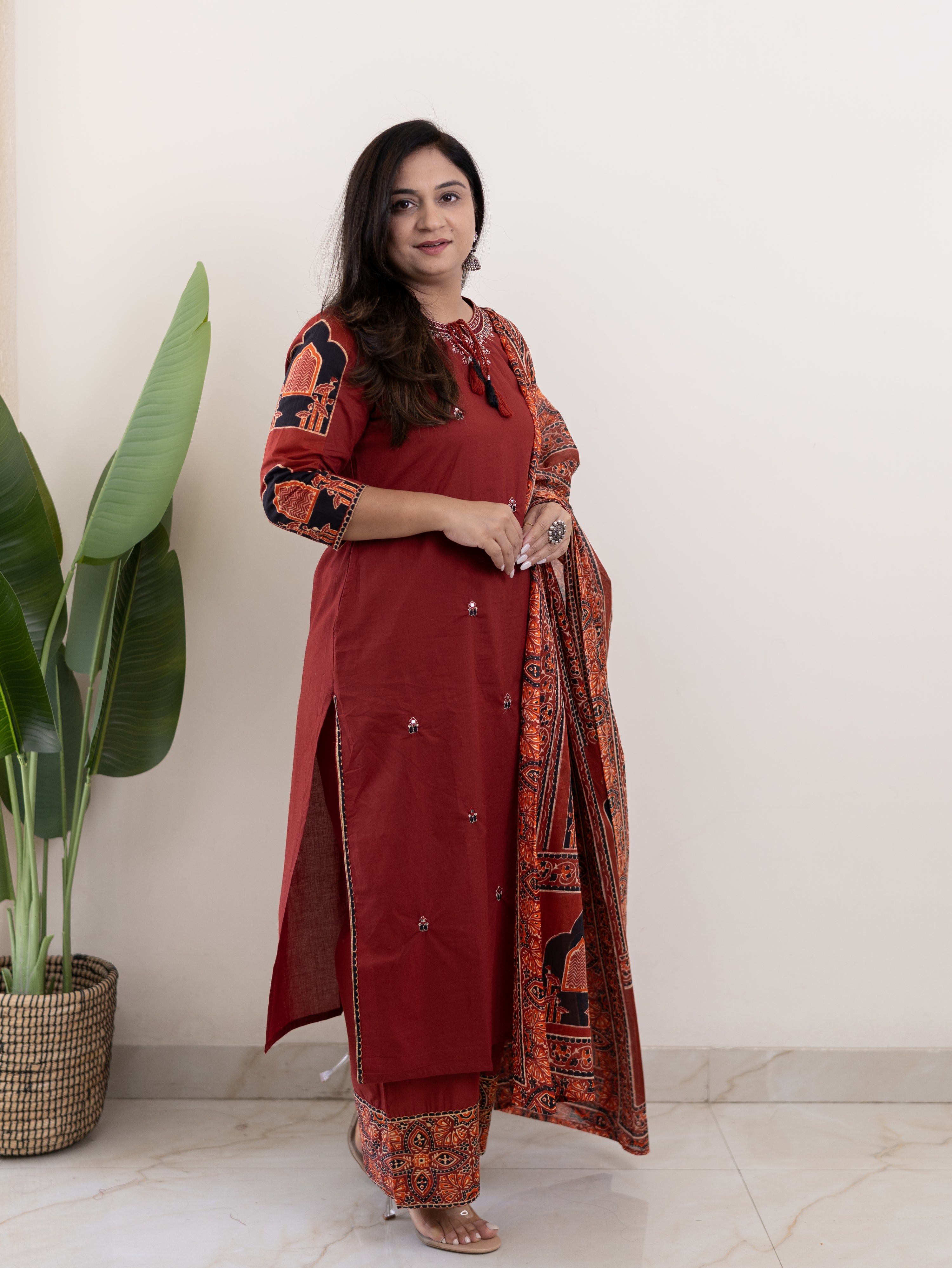 Komal Red Ajrakh Cotton Embroidered Dupatta set