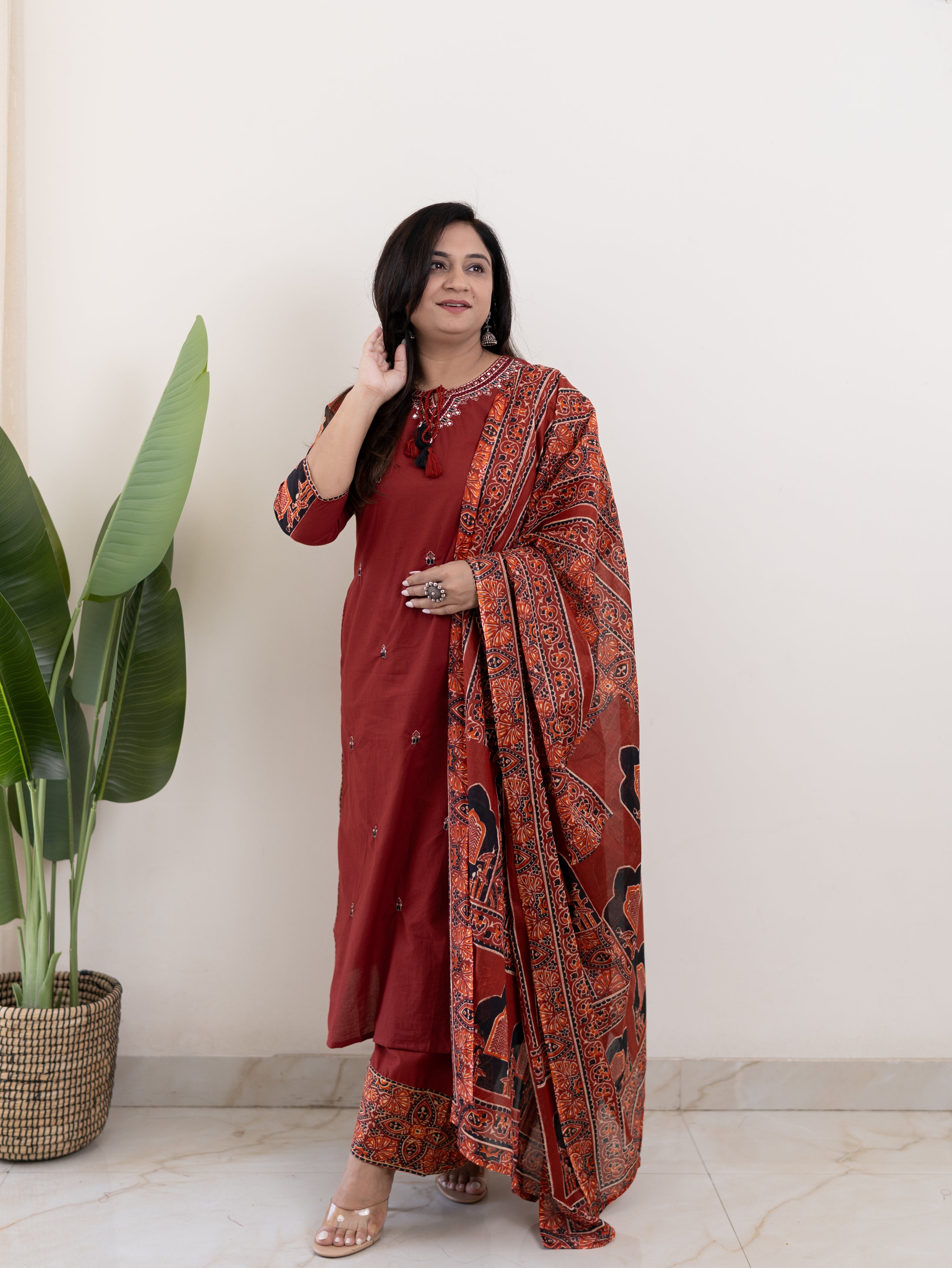 Komal Red Ajrakh Cotton Embroidered Dupatta set