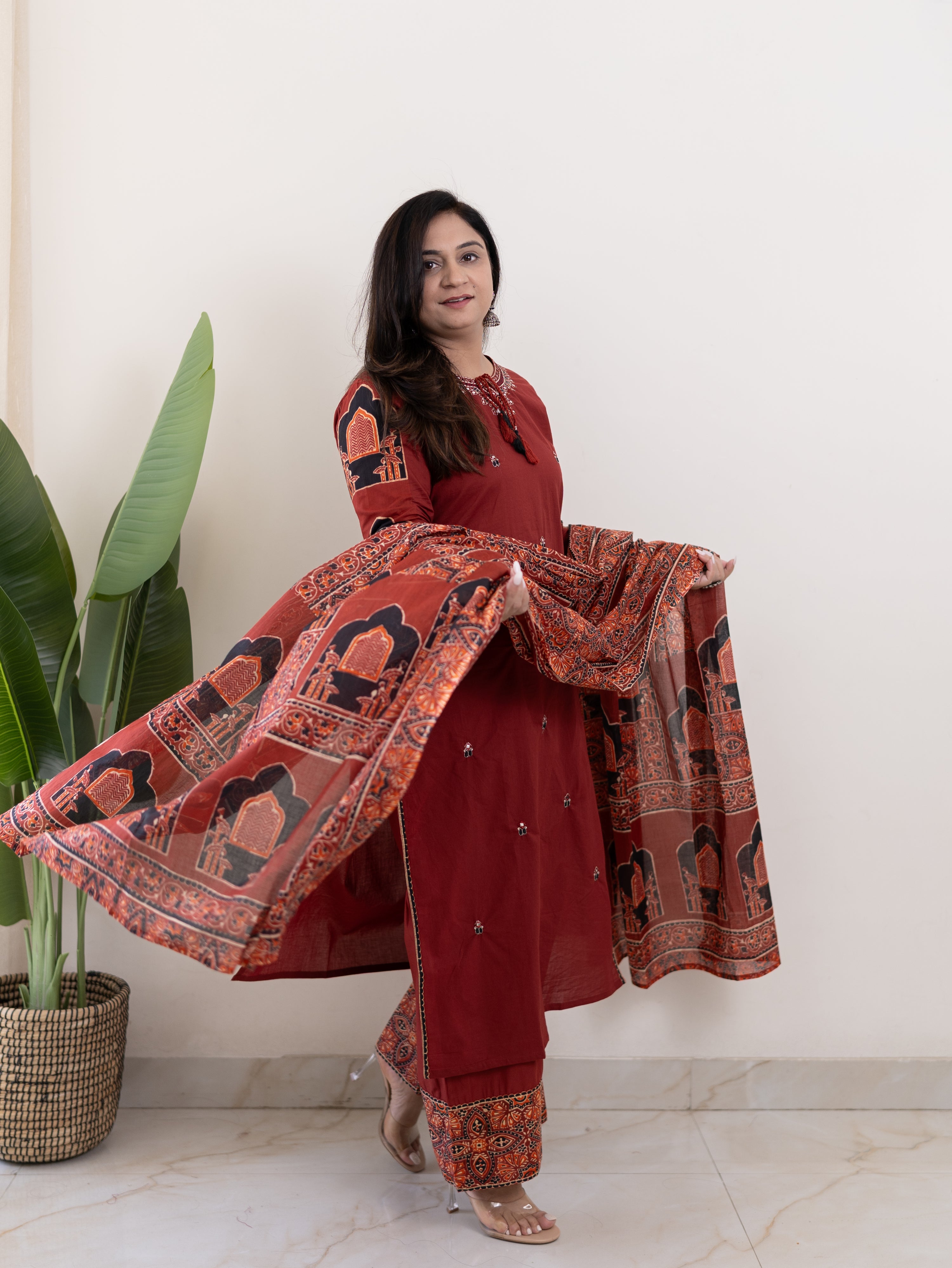 Komal Red Ajrakh Cotton Embroidered Dupatta set