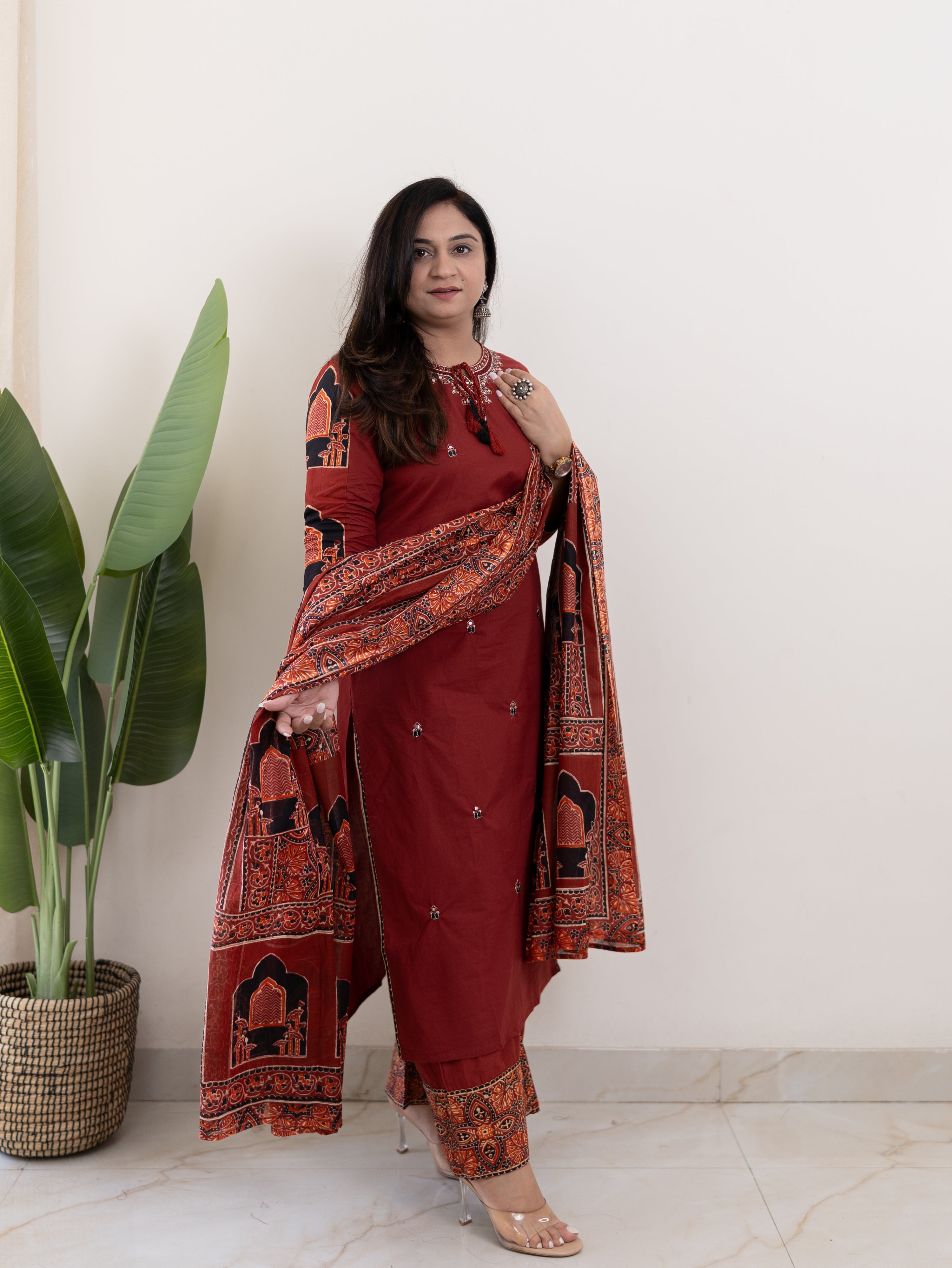 Komal Red Ajrakh Cotton Embroidered Dupatta set