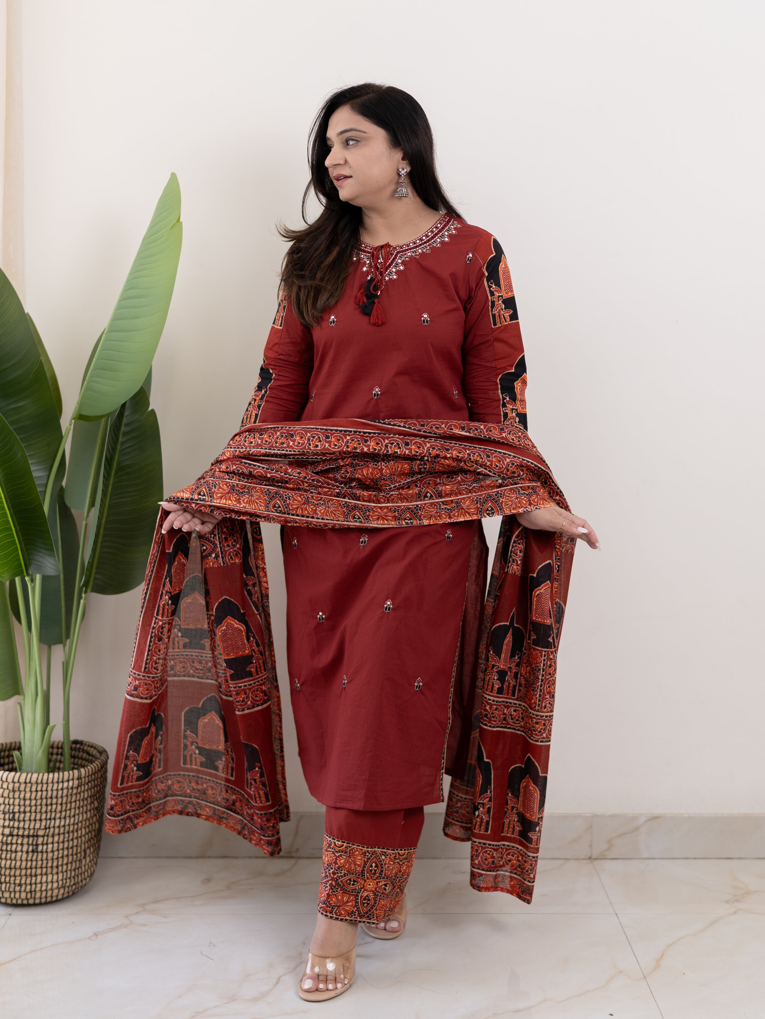 Komal Red Ajrakh Cotton Embroidered Dupatta set