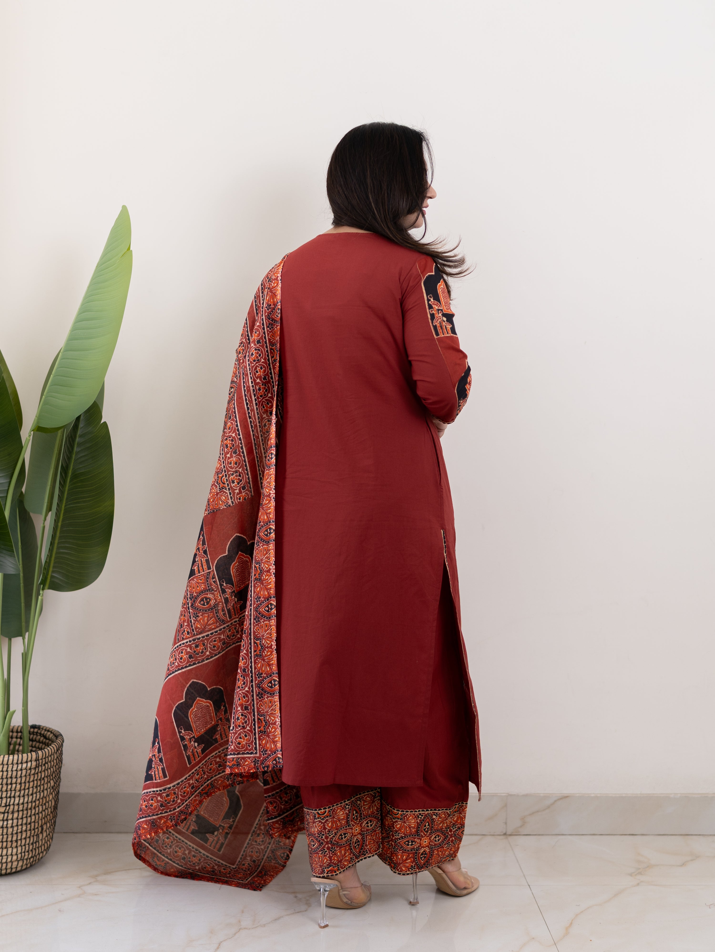 Komal Red Ajrakh Cotton Embroidered Dupatta set