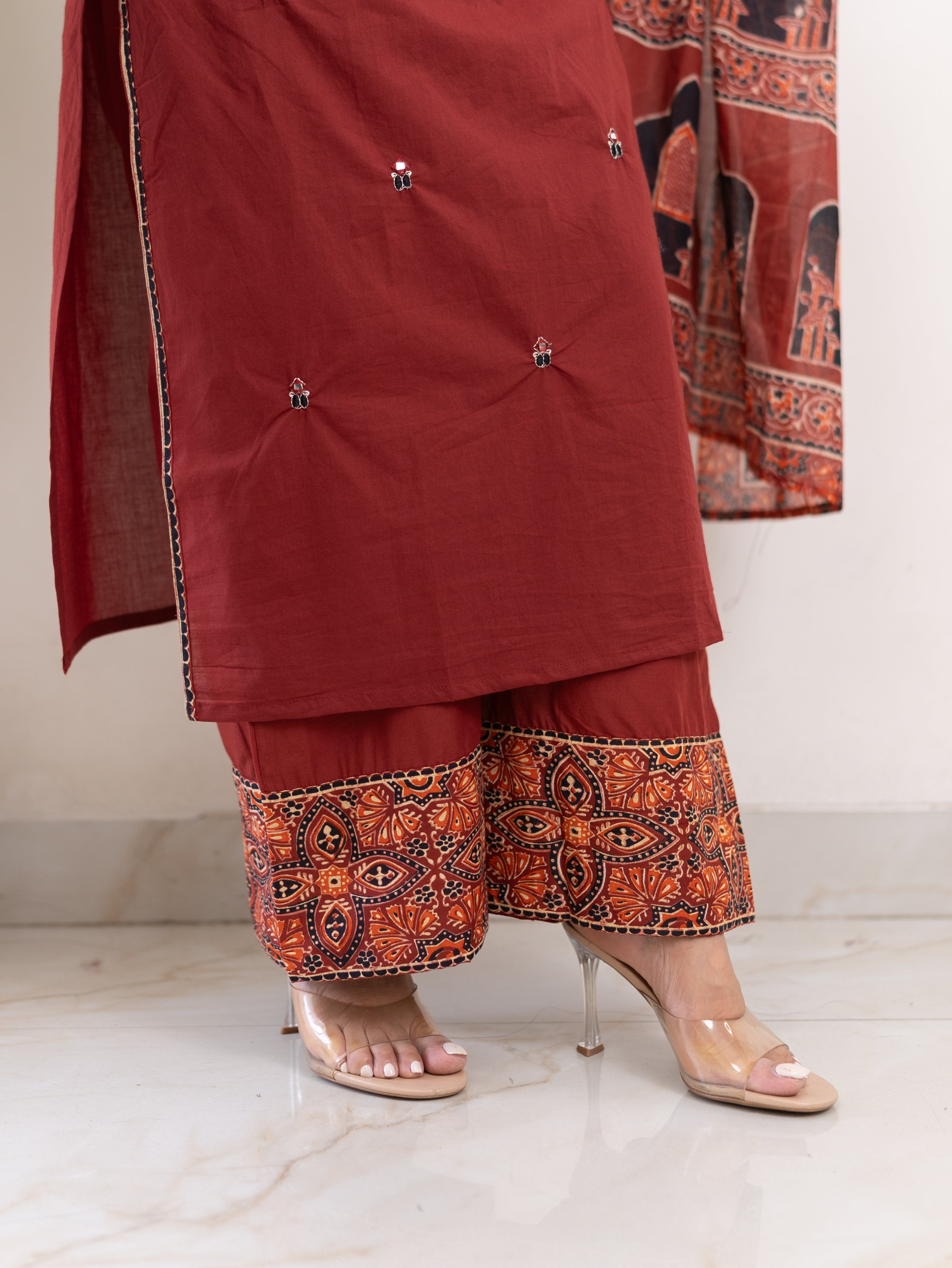 Komal Red Ajrakh Cotton Embroidered Dupatta set