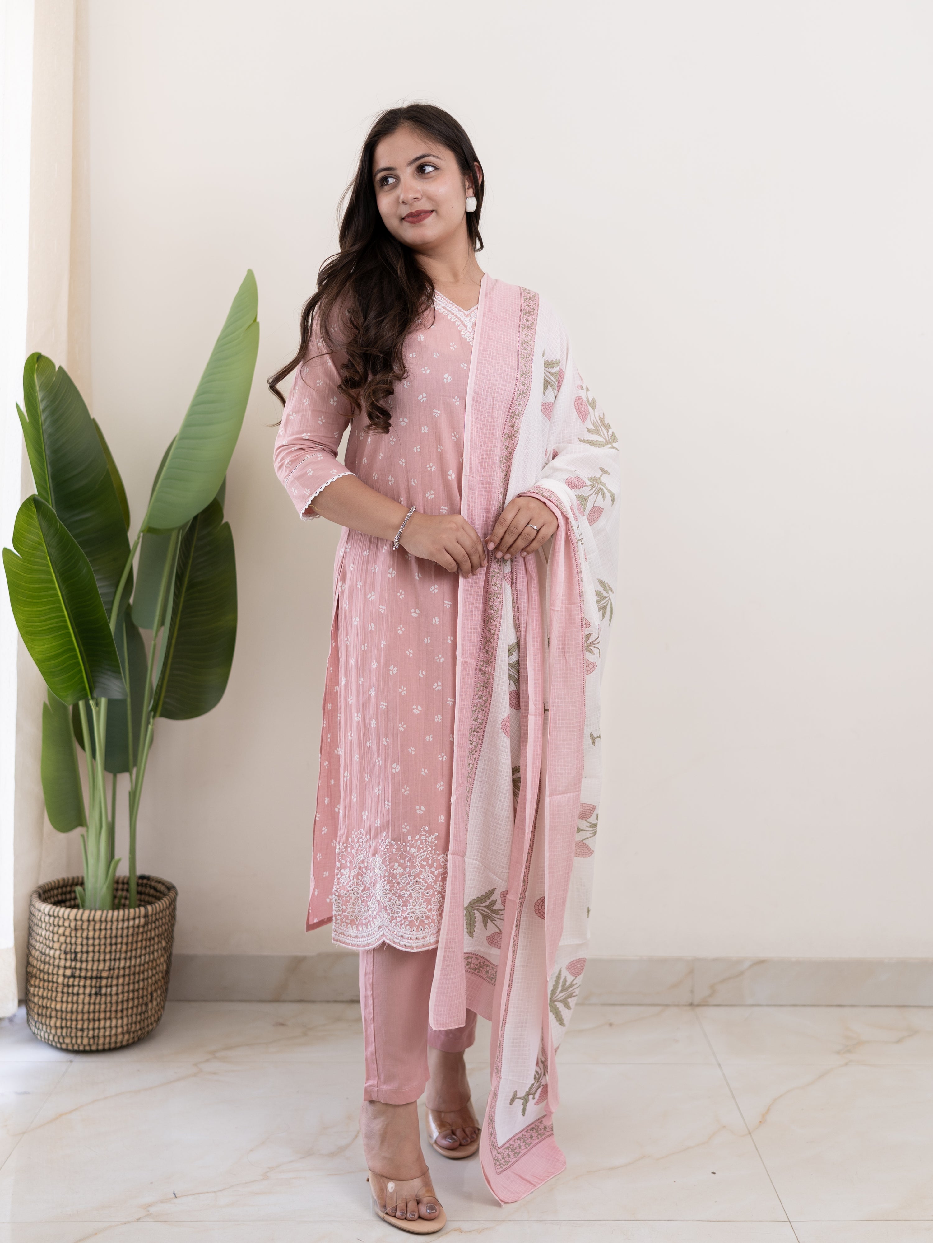 Rifaa pink  Cotton Embroidered Straight Dupatta Set