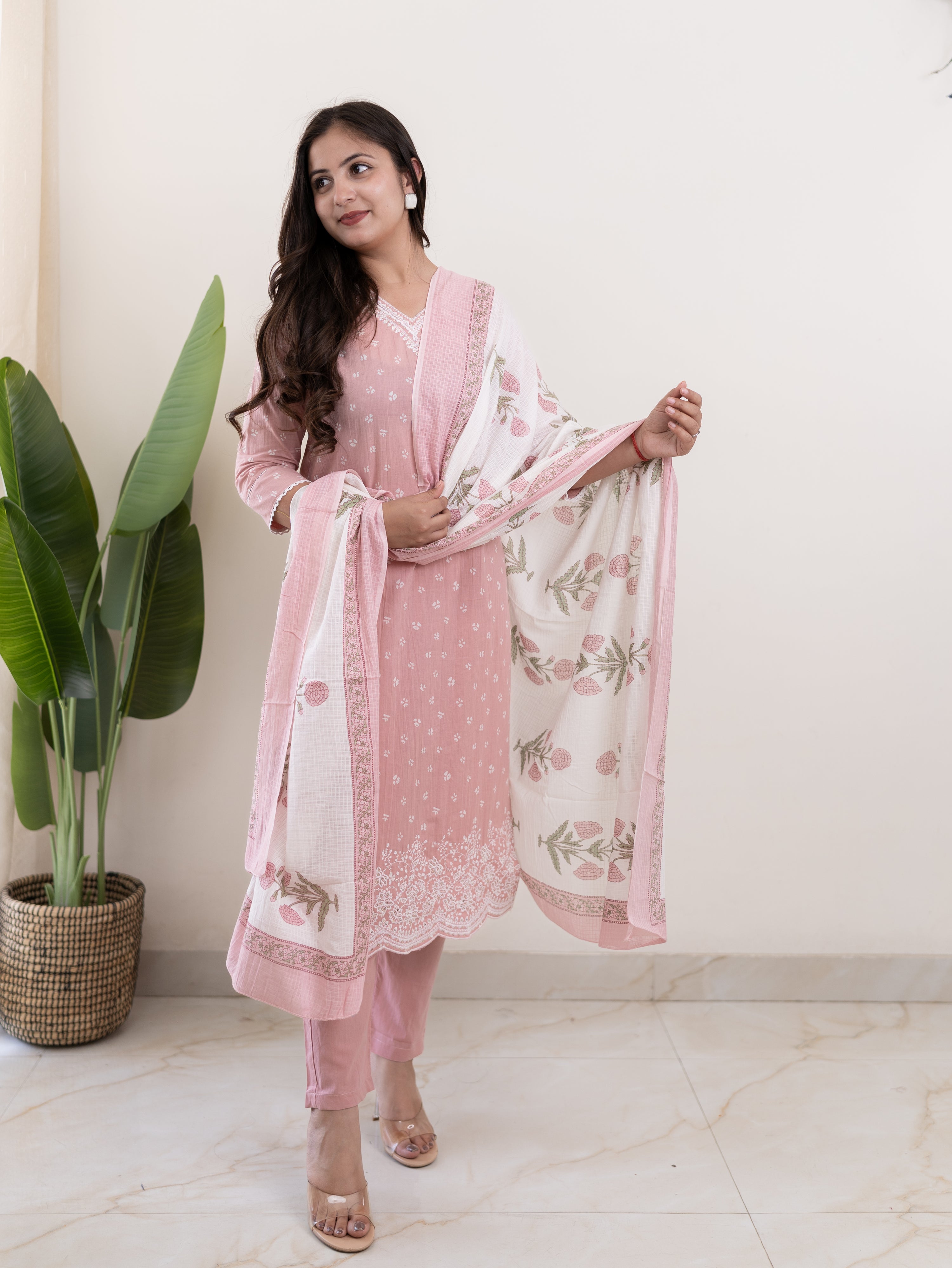 Rifaa pink  Cotton Embroidered Straight Dupatta Set