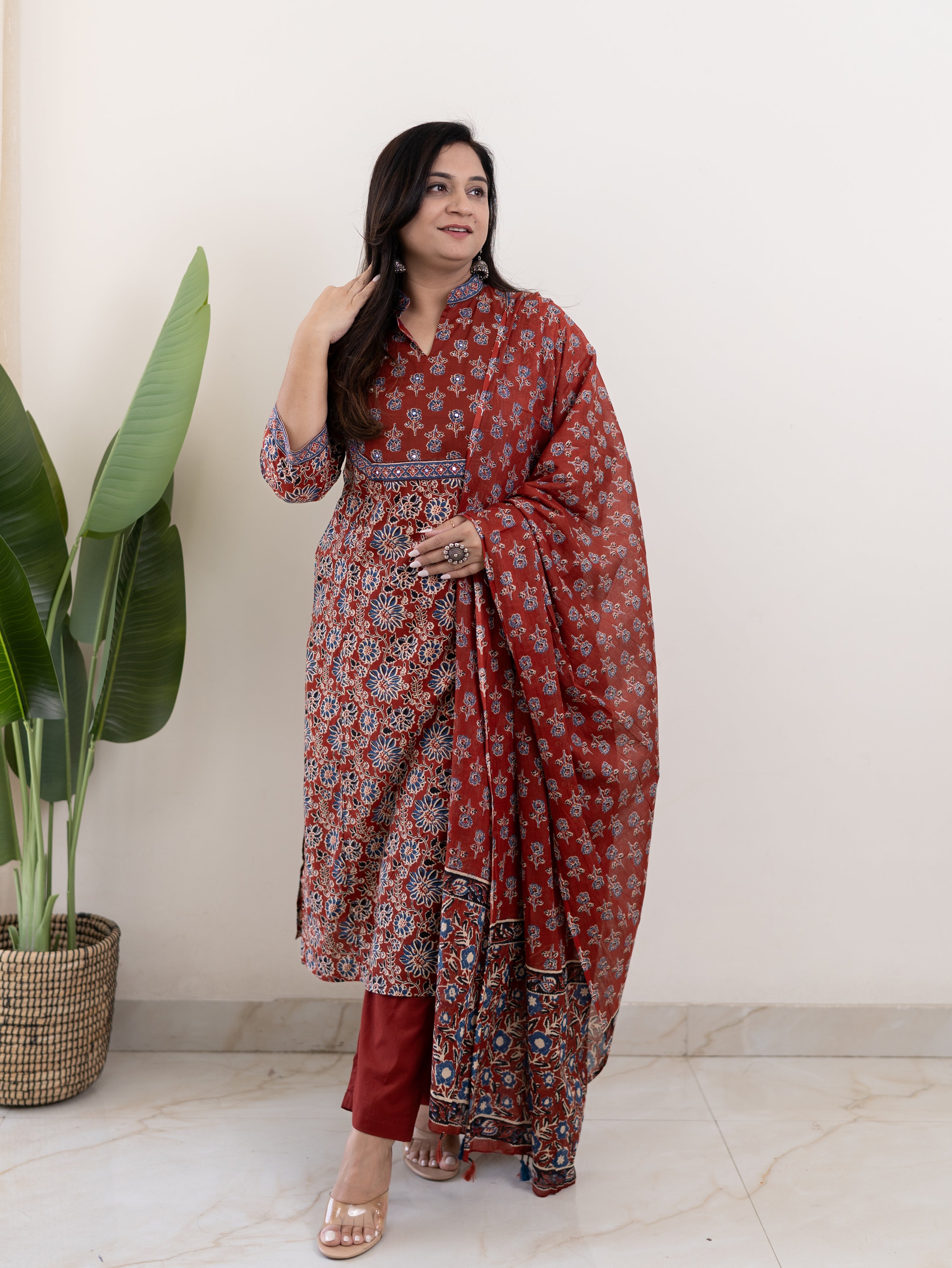 Nyla Handblock Cotton Embroidered Dupatta Set