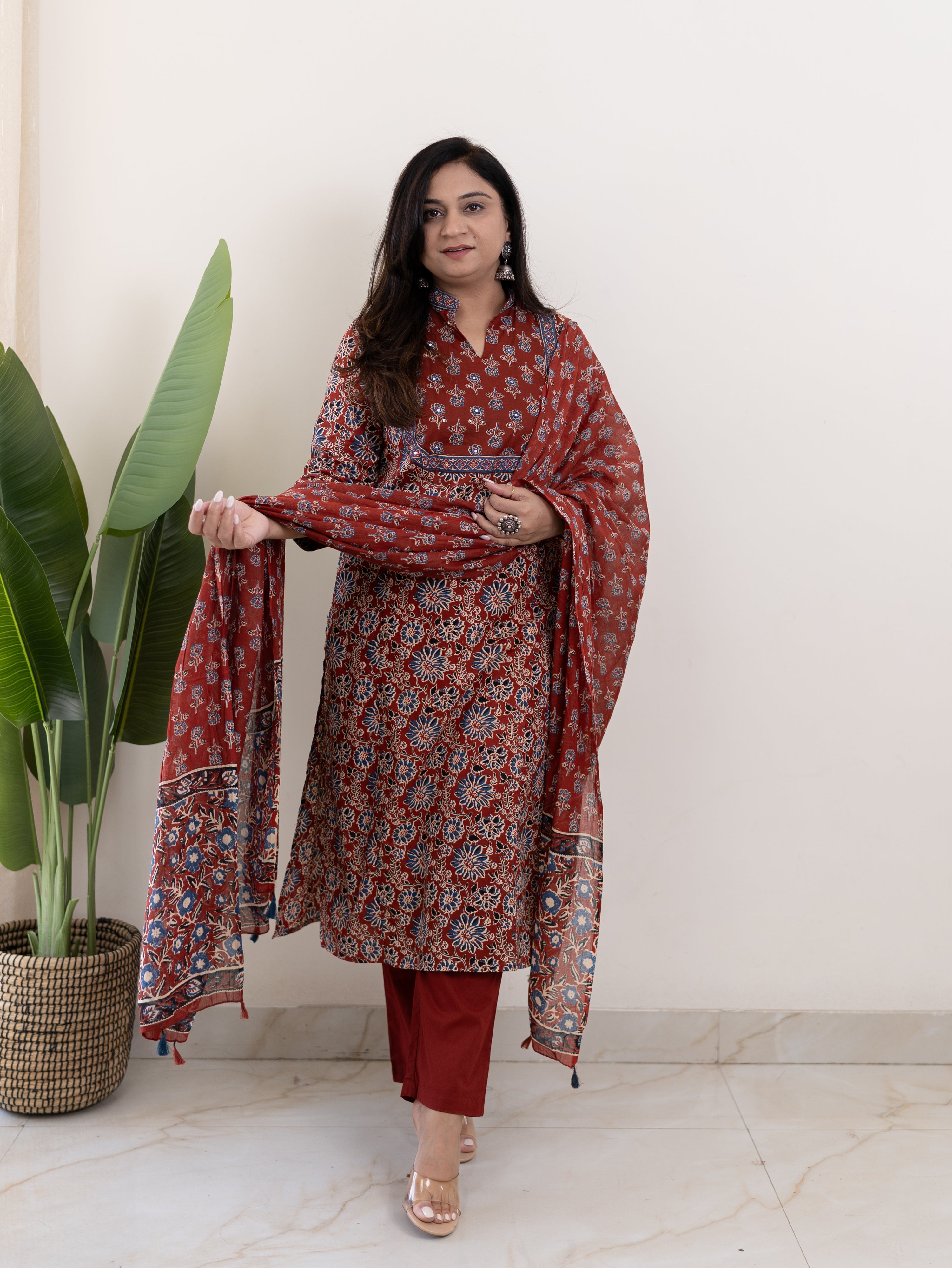 Nyla Handblock Cotton Embroidered Dupatta Set