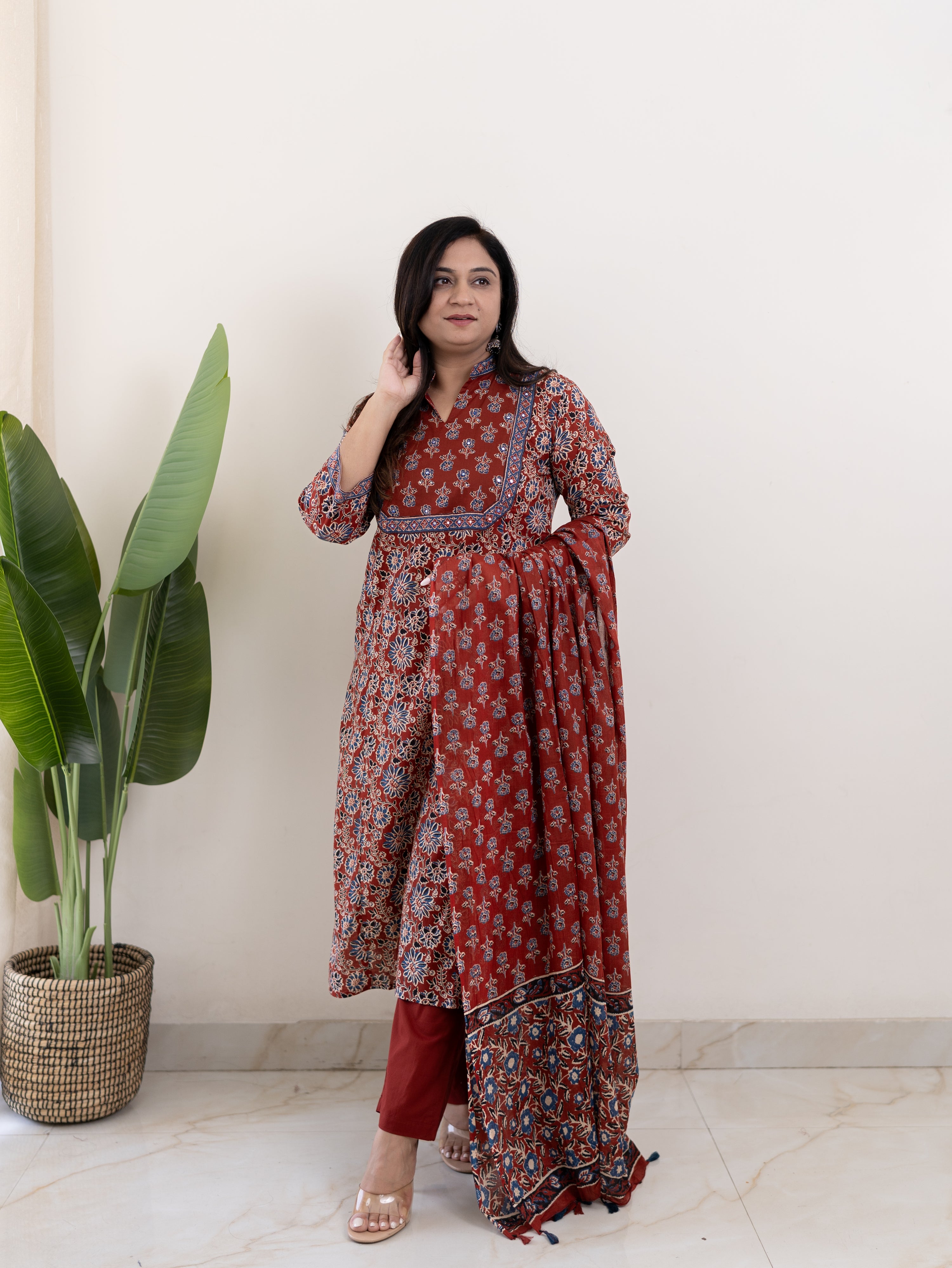 Nyla Handblock Cotton Embroidered Dupatta Set