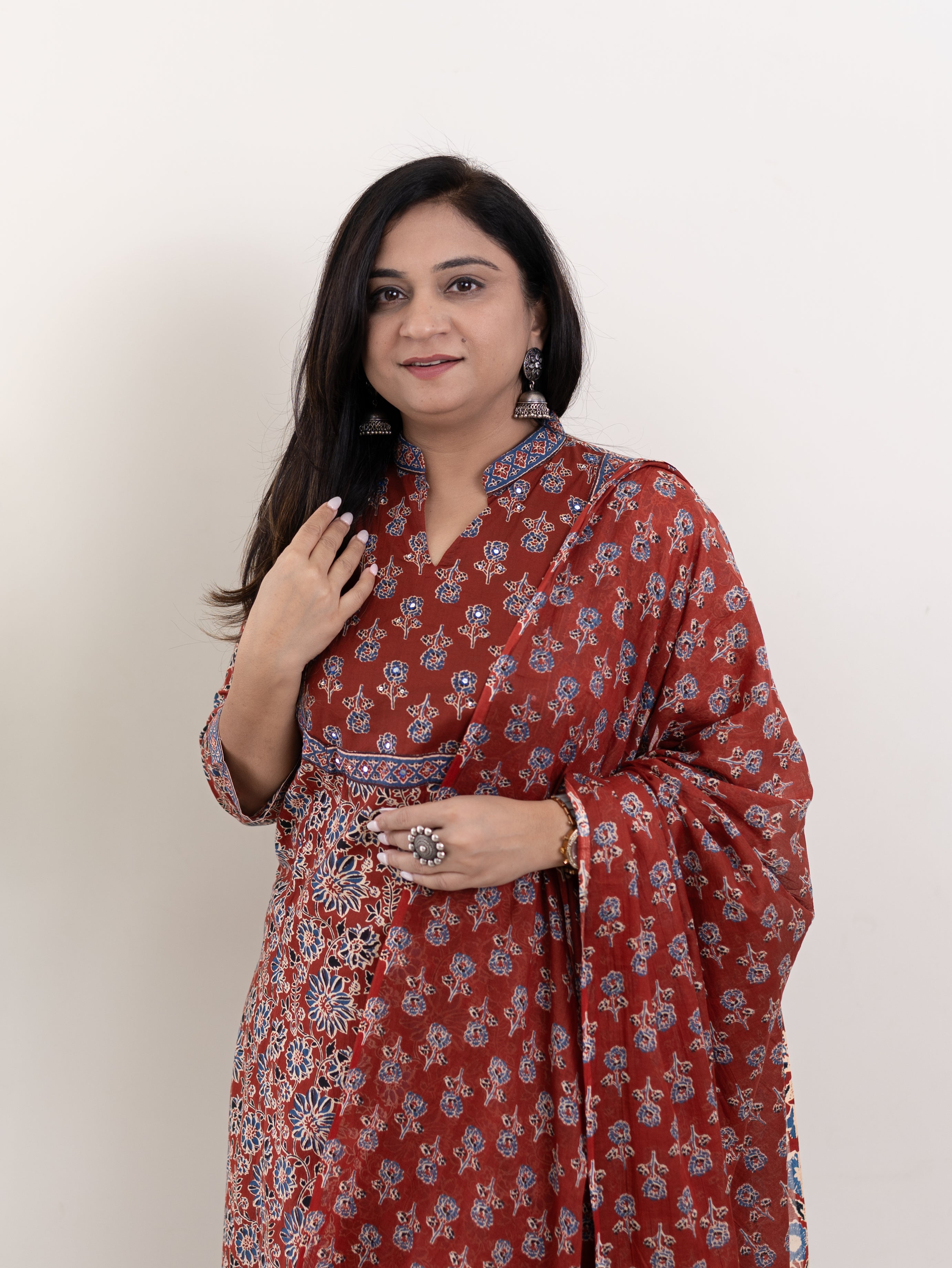 Nyla Handblock Cotton Embroidered Dupatta Set