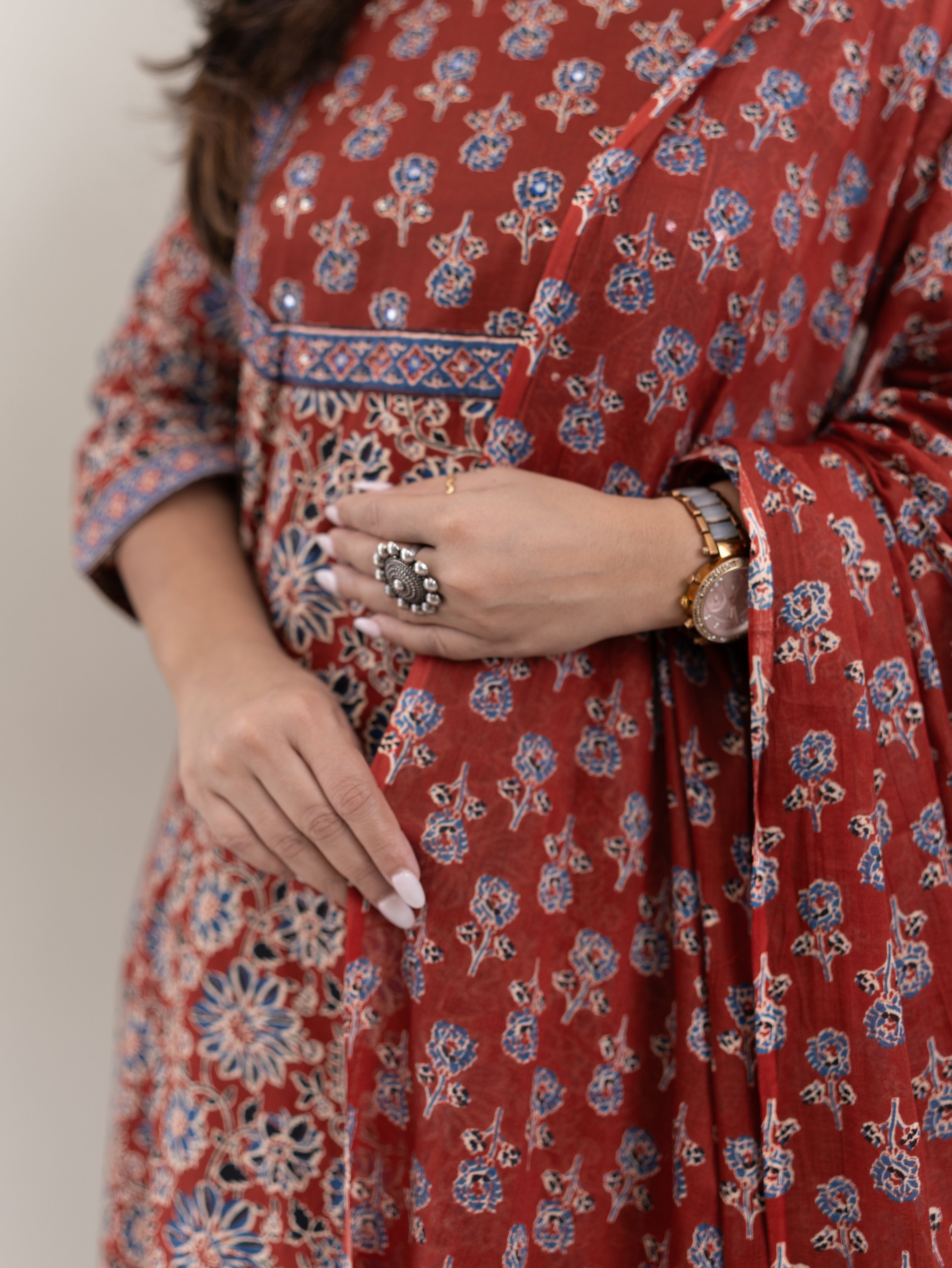 Nyla Handblock Cotton Embroidered Dupatta Set