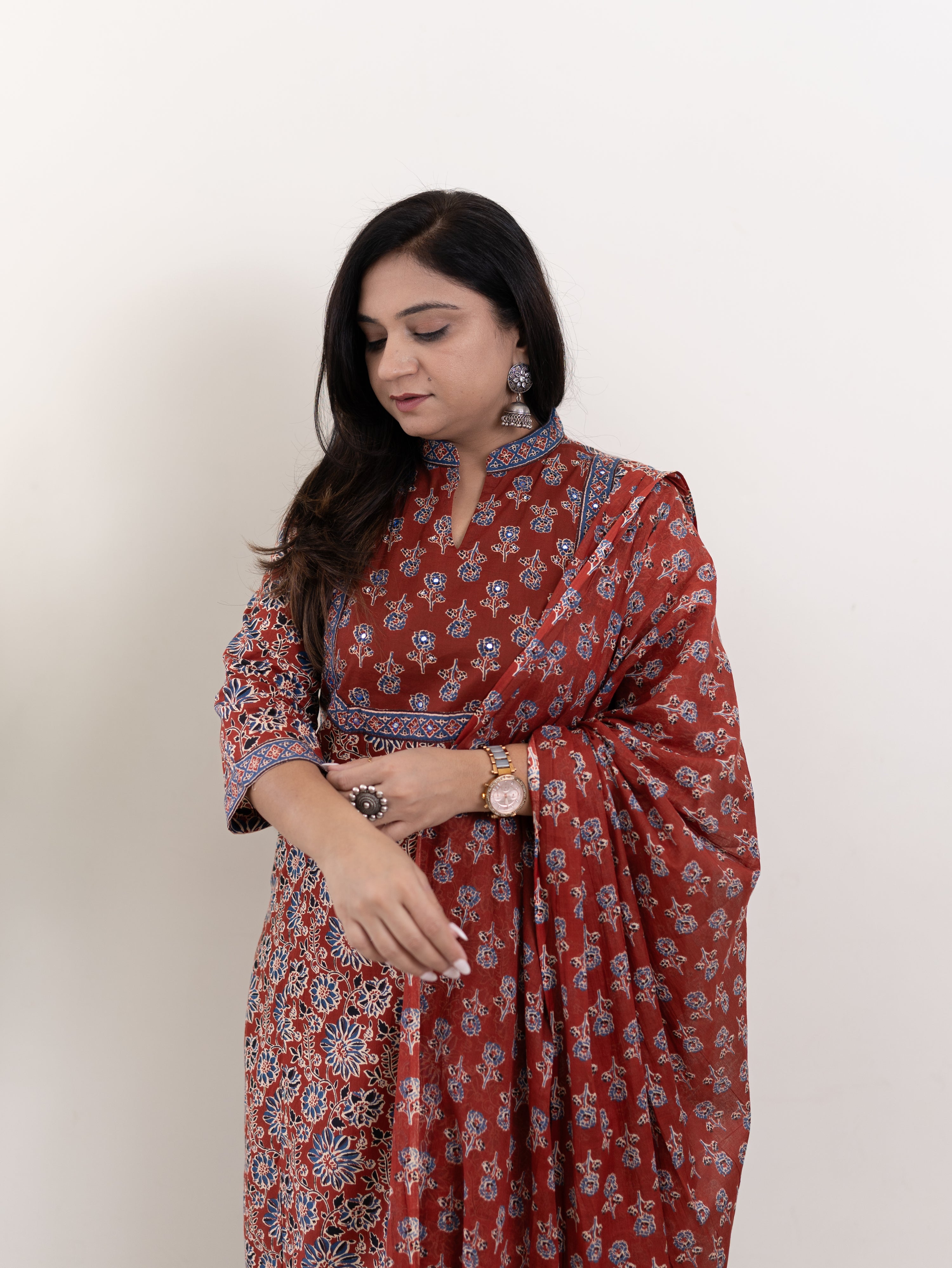 Nyla Handblock Cotton Embroidered Dupatta Set